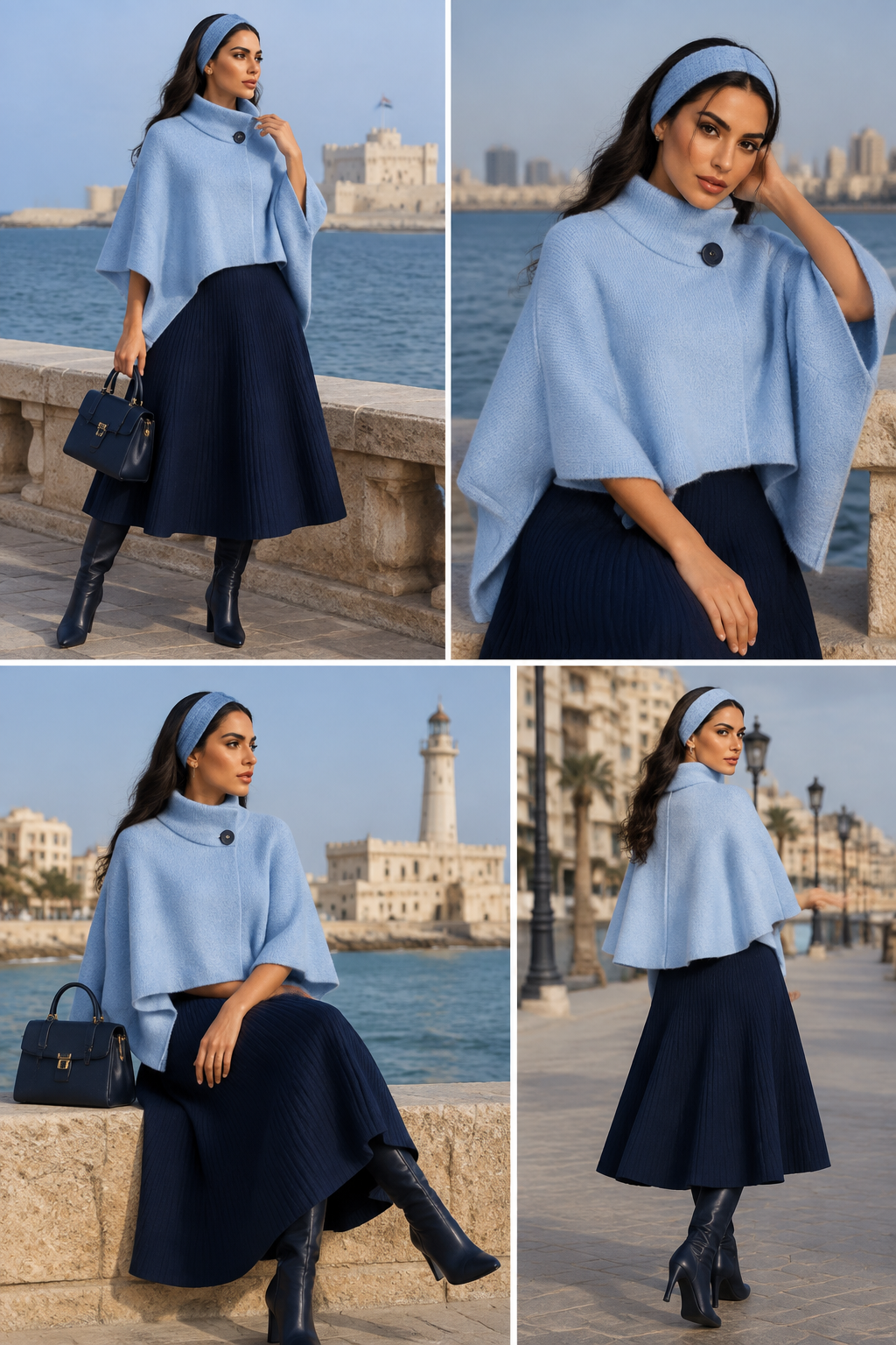 Create winter look cropped poncho baby blue color with one large button on the neck of poncho
With dark navy blue knit wide skirt midi with navy boots
Egyptian features model in Alexandria Egypt matching head band made of wool or knit give me professional look in different 4 postings
Create winter look cropped poncho baby blue color with one large button on the neck of poncho
With dark navy blue knit wide skirt midi with navy boots
Egyptian features model in Alexandria Egypt matching head band made of wool or knit give me professional look in different 4 postings