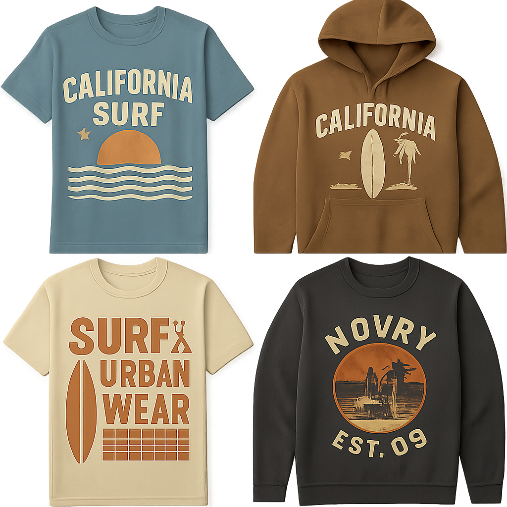 Create a variety of streetwear-style t-shirt and hoodie graphics and logos, featuring bold, trendy designs inspired by California surf vibes and urban lifestyle. Include abstract patterns, oversized typography, retro logos, subtle animal motifs like seagulls, waves, sunsets, skaters, or cars. Designs should be youthful, casual, and edgy, suitable for screen printing on apparel. Use muted pastels, washed denim blues, and earth tones, with clean lines and modern style. Vector-ready, high-detail, wearable streetwear aesthetic logos, including novry est.09

Vintage fashion design: **Enhanced Prompt:**

Design **Vintage California Surf & Urban Wear** graphics for t-shirts and hoodies. Focus on a **relaxed, classic fit**.

**Key Elements:**
*   **Silhouettes:** Crew neck t-shirts, hooded sweatshirts.
*   **Fabric:** Cotton jersey, cotton fleece.
*   **Colors:** Faded sky blue, sunset orange, creamy sand, ocean navy, earthy brown, deep charcoal.
*   **Patterns:** Abstract waves, distressed checks, simple geometric forms.
*   **Fit:** Roomy, relaxed shoulders, straight hem.

**Additional Vintage Touches:**
*   **Graphics:** Bold, distressed typography, simplified surfboard shapes, single palm trees, seagulls in flight. Think 70s and 80s California.
*   **Logos:** "Novry Est. 09" integrated with a vintage surf/skate emblem.