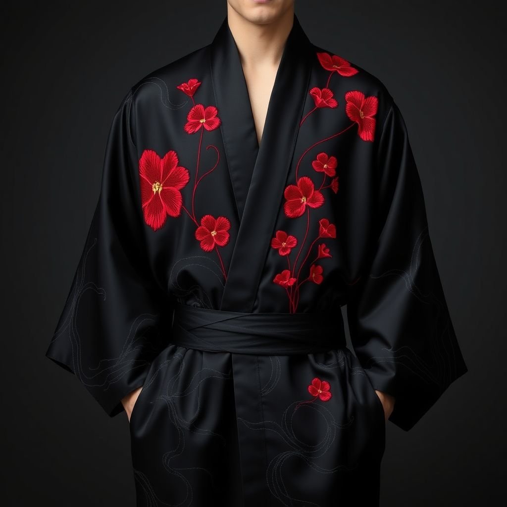 Design a men's kimono with a futuristic aesthetic, blending minimalist and nature-inspired elements. The kimono should feature intricate, flowing patterns that resemble water, with delicate embroidery reflecting plants and natural forms. Incorporate deep blues and subtle greens, along with silver accents, to represent moonlight. The silhouette should be modern yet traditional, with smooth, organic curves that evoke an ethereal, almost otherworldly quality. Only black and red

A men's kimono, sleek and avant-garde. Black fabric, rich and luxurious, features bold, flowing patterns that mimic the movement of water. Striking red embroidery depicting stylized flora creates a stark contrast. Modern yet rooted in tradition, the silhouette possesses gentle, organic curves. An enigmatic aura emanates, merging the ethereal with the contemporary.