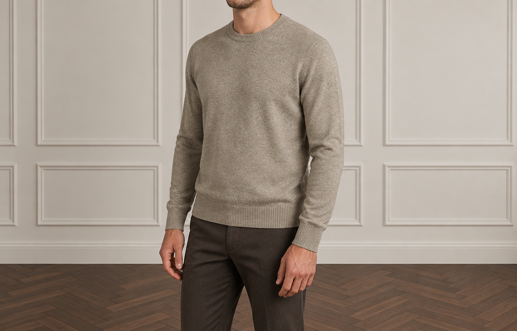 On-model photoshoot (studio)
Show the garment from the image worn by a professional fashion model standing in a professional photo studio with a clean seamless background and soft editorial lighting. Reproduce the garment's exact design, color, fabric and details faithfully. Full-body shot, photorealistic, no text. Additional instructions: Premium men's fashion e-commerce product photography of the EXACT jumper from the supplied product reference, matching the established premium catalogue pose, body rotation, camera angle, proportions and interior studio aesthetic.
The supplied jumper is the ABSOLUTE PRODUCT REFERENCE.
The JUMPER is the MAIN PRODUCT and must be reproduced with maximum accuracy.
COMPOSITION — ABSOLUTELY CRITICAL:
Create a premium men's fashion catalogue photograph focused primarily on the jumper.
Show the male model approximately from the LOWER CHIN / NECK AREA down to the MID-THIGH AREA.
The framing must be slightly wider and slightly more distant than a tight upper-body crop.
The purpose of the wider framing is to show BOTH:
1. the complete jumper clearly,
2. the architectural studio wall AND visible wooden parquet floor in the same image.
The complete jumper must be visible:
neckline,
collar if present,
shoulders,
chest,
sleeves,
cuffs,
waist,
bottom hem.
Both complete arms must be visible.
Both hands must be visible.
The upper portion of the trousers or jeans must be visible.
The frame should extend low enough to clearly show a visible section of the DARK BROWN HERRINGBONE PARQUET FLOOR.
The transition between the wall and floor must be visible.
DO NOT crop so tightly that only the wall is visible.
DO NOT create a chest-only crop.
DO NOT create a waist-up crop.
DO NOT crop the bottom hem of the jumper.
DO NOT crop the cuffs.
DO NOT crop the hands.
The jumper must remain the MAIN visual focus even though more of the studio environment is visible.
NO FULL FACE VISIBLE.
The eyes, nose and main facial features must remain completely outside the frame.
Only the lower chin / jawline and neck may appear at the top of the frame.
POSE — MATCH THE ESTABLISHED REFERENCE:
Use the same calm, masculine, sophisticated premium catalogue pose.
The model stands in a subtle natural THREE-QUARTER / SEMI-SIDE position relative to the camera.
The body must NOT be completely front-facing.
The LEFT SHOULDER is positioned slightly FORWARD and slightly CLOSER TO THE CAMERA.
The RIGHT SHOULDER is positioned slightly FARTHER BACK.
The LEFT SIDE of the torso is slightly closer to the camera.
The torso and hips follow the same subtle natural rotation.
Use approximately 10–20 degrees of body rotation.
The rotation must remain subtle.
Do NOT create a strong side profile.
Do NOT mirror the pose.
Do NOT put the RIGHT SHOULDER forward.
Do NOT make the shoulders completely symmetrical and frontal.
LEFT SHOULDER FORWARD is mandatory.
The pose must look calm, relaxed, masculine and premium.
ARMS AND HANDS:
Both arms hang naturally and STRAIGHT DOWN alongside the body.
Both hands remain naturally positioned beside the outer thighs.
The elbows remain naturally straight with minimal anatomical relaxation.
Hands are relaxed.
Fingers are naturally relaxed and slightly separated.
The arms and hands follow the natural three-quarter perspective of the body.
No hands in pockets.
No crossed arms.
No raised arms.
No touching the jumper.
No adjusting the neckline.
No adjusting the sleeves.
No pulling the cuffs.
No pulling the hem.
No touching the trousers.
No fashion gestures.
JUMPER — ABSOLUTE PRODUCT PRESERVATION:
Use the EXACT jumper from the supplied product image.
The generated jumper must look like the EXACT SAME physical product as in the source photograph.
Preserve the exact:
design,
color,
shade,
fabric,
material,
fabric texture,
knit structure,
knit density,
surface finish,
silhouette,
fit,
proportions,
length,
shoulder width,
shoulder construction,
chest width,
waist width,
neckline,
collar construction,
sleeve shape,
sleeve width,
sleeve length,
cuffs,
cuff width,
bottom hem,
ribbing if present,
stitching,
seams,
logos if present,
buttons if present,
zipper if present,
pockets if present,
and every other original construction detail.
Do NOT redesign the jumper.
Do NOT change its color.
Do NOT change its shade.
Do NOT change its material.
Do NOT change its fabric texture.
Do NOT change the knit structure.
Do NOT change the original fit.
Do NOT make it tighter.
Do NOT make it looser.
Do NOT make it oversized.
Do NOT shorten it.
Do NOT lengthen it.
Do NOT change the neckline.
Do NOT change the collar.
Do NOT change the shoulders.
Do NOT change the sleeves.
Do NOT change the cuffs.
Do NOT change the bottom hem.
Do NOT add details that are not present.
Do NOT remove original details.
Do NOT add contrasting trim unless it exists in the source image.
Do NOT add logos or branding that are not present.
The exact product identity must remain unmistakable.
FABRIC — MATCH THE SUPPLIED PRODUCT:
Analyze the actual fabric and knit structure of the supplied jumper and reproduce it accurately.
Preserve the exact visual character of the original material.
The fabric must look premium, realistic and tactile.
Accurately reproduce:
surface texture,
knit fineness,
knit density,
softness,
fabric weight,
natural drape,
and natural surface finish.
If the supplied jumper is made from viscose or a smooth fine knit:
preserve a smooth,
fine,
soft,
fluid,
refined,
supple,
premium appearance with only a very subtle natural luster.
If the supplied jumper has another fabric or knit structure:
follow the SOURCE PRODUCT exactly.
Do NOT automatically make every jumper look like viscose.
The source product determines the material appearance.
Never make the fabric artificially glossy.
Never create plastic-looking material.
Never create a wet-look effect.
Never make the garment look like satin or synthetic plastic.
Show subtle natural fabric folds around:
the waist,
sides,
elbows,
and sleeves.
The folds must remain natural and controlled.
FIT:
Preserve the EXACT original fit of the supplied jumper.
The shoulder line must match the source product.
The chest must retain the original volume.
The sleeves must preserve their exact width and length.
The waist and bottom hem must preserve their original proportions.
Do NOT artificially tuck the jumper into the trousers unless the source image specifically shows that styling.
By default, allow the jumper to fall naturally over the waistband.
TROUSERS / JEANS — AUTOMATIC SELECTION:
The AI must independently choose the LOWER GARMENT according to the EXACT color, shade, material and style of the supplied jumper.
The trousers shown in any pose reference are NOT mandatory.
DO NOT automatically reproduce the same trousers every time.
Different jumpers should be combined with different suitable trousers or jeans.
The AI may choose between:
— refined tailored trousers,
— clean smart-casual trousers,
— premium chinos,
— straight-fit jeans,
depending on which option best complements the specific jumper.
The COLOR of the lower garment must also be selected independently.
Possible sophisticated colors include:
black,
charcoal,
graphite,
dark grey,
medium grey,
light grey,
navy,
dark navy,
brown,
dark brown,
chocolate,
taupe,
stone,
beige,
sand,
cream,
off-white,
ecru,
olive,
dark denim,
medium denim,
light denim,
or another sophisticated muted shade.
Do NOT use the same trouser color in every generation.
Do NOT automatically use beige trousers.
Do NOT automatically use black trousers.
Do NOT automatically use jeans.
Do NOT automatically use formal trousers.
Choose the TYPE and COLOR of the lower garment according to EACH specific jumper.
For darker jumpers, choose lighter, medium or dark trousers according to the most sophisticated balance.
For lighter jumpers, choose darker, medium or tonal trousers according to the complete color harmony.
For colored jumpers, choose a tasteful neutral or complementary muted shade.
Avoid loud colors.
Avoid bright saturated trousers.
Avoid unnecessary strong contrast.
IMPORTANT:
THE JUMPER IS FIXED.
THE LOWER GARMENT IS FLEXIBLE.
NEVER CHANGE THE JUMPER COLOR TO MATCH THE TROUSERS.
CHANGE THE TROUSERS OR JEANS TO COMPLEMENT THE JUMPER.
THE AI CHOOSES THE MOST APPROPRIATE LOWER GARMENT FOR EACH SPECIFIC JUMPER.
The lower garment must remain visually secondary.
The jumper must always remain the main product.
CAMERA AND FRAMING:
Use a slightly wider premium catalogue composition than a normal upper-body crop.
Camera positioned approximately at CHEST LEVEL.
Move the camera slightly farther away from the model so the composition includes:
the lower chin / neck,
complete shoulders,
complete jumper,
both full arms,
both hands,
upper legs,
the visible architectural wall,
the wall-to-floor transition,
and a clearly visible section of parquet floor.
The frame should extend approximately to MID-THIGH.
Do NOT zoom in too tightly.
Do NOT fill the entire frame with only the torso.
The model should occupy approximately 70–80% of the image height.
Leave enough environmental space around the model so the studio interior is clearly recognizable.
Natural premium catalogue perspective.
The camera observes the model from the same subtle three-quarter angle as the body.
The LEFT side of the model is slightly closer to the camera.
No wide-angle distortion.
No dramatic perspective.
No exaggerated shoulders.
No distorted torso.
No distorted arms.
No distorted hands.
STUDIO ENVIRONMENT — ABSOLUTELY MANDATORY:
The model MUST stand in the established premium European-style INTERIOR STUDIO.
The environment must NOT be replaced by a plain photography backdrop.
BOTH THE WALL AND THE FLOOR MUST BE CLEARLY VISIBLE IN THE SAME IMAGE.
BACKGROUND WALL:
Use a warm OFF-WHITE / LIGHT GREIGE architectural interior wall.
The wall must contain clearly visible CLASSIC RECTANGULAR DECORATIVE WALL MOULDING.
The moulding must look:
architectural,
elegant,
subtle,
symmetrical,
refined,
and premium.
Multiple rectangular moulding sections should be visible behind and around the model.
The wall must look like a real sophisticated interior wall.
DO NOT use a plain wall.
DO NOT use a seamless photography backdrop.
DO NOT use a grey cyclorama.
DO NOT use an infinity wall.
DO NOT use a paper backdrop.
FLOOR — ABSOLUTELY CRITICAL:
A clearly visible section of DARK WARM BROWN NATURAL WOOD PARQUET FLOOR MUST appear in the image.
The floor must NOT be hidden below the frame.
The floor must have a refined HERRINGBONE PARQUET PATTERN.
The herringbone pattern must be clearly recognizable.
Use:
rich dark warm brown tones,
natural wood grain,
subtle realistic tonal variation,
and a premium matte finish.
The transition between the wall and the parquet floor must be clearly visible.
The floor must occupy a noticeable lower section of the image.
DO NOT generate only wall behind the model.
DO NOT crop above the floor line.
DO NOT hide the parquet.
DO NOT use a white floor.
DO NOT use a grey floor.
DO NOT use beige seamless flooring.
DO NOT use concrete.
DO NOT use tiles.
DO NOT use a seamless wall-to-floor background.
The architectural distinction between WALL and FLOOR is mandatory.
LIGHTING:
Soft diffused natural-looking premium studio lighting.
Warm neutral color temperature.
Use gentle directional light to accurately reveal:
the exact jumper color,
fabric texture,
knit structure,
neckline,
seams,
sleeves,
and natural fabric drape.
Maintain realistic tonal detail even in black or very dark jumpers.
Do NOT crush dark fabrics into flat black areas.
Use subtle realistic shadows.
No harsh shadows.
No dramatic lighting.
No cinematic lighting.
No spotlight effect.
No excessive contrast.
No artificial fabric shine.
ENVIRONMENT:
No furniture.
No chairs.
No tables.
No decorations.
No paintings.
No mirrors.
No plants.
No rugs.
No props.
No visible studio equipment.
The studio must feel:
premium,
quiet,
minimalist,
architectural,
warm,
sophisticated,
and expensive.
IMAGE STYLE:
Ultra-photorealistic.
Premium European menswear e-commerce photography.
Natural male anatomy.
Realistic skin texture.
Highly realistic jumper fabric texture.
Accurate knit structure.
Accurate garment construction.
Natural fabric drape.
Natural soft folds.
Soft controlled lighting.
Clean premium catalogue aesthetic.
Understated luxury.
No excessive retouching.
No cinematic effects.
No dramatic lighting.
No artificial fabric shine.
STRICT RULES — ABSOLUTELY MANDATORY:
JUMPER IS THE MAIN PRODUCT.
USE THE EXACT JUMPER FROM THE SUPPLIED PRODUCT IMAGE.
PRESERVE THE EXACT:
COLOR,
SHADE,
MATERIAL,
TEXTURE,
KNIT STRUCTURE,
FIT,
PROPORTIONS,
LENGTH,
NECKLINE,
SHOULDERS,
SLEEVES,
CUFFS,
BOTTOM HEM,
AND ALL ORIGINAL PRODUCT DETAILS.
DO NOT RECOLOR THE JUMPER.
DO NOT REDESIGN THE JUMPER.
DO NOT CHANGE THE ORIGINAL FIT.
FRAME FROM LOWER CHIN / NECK TO APPROXIMATELY MID-THIGH.
NO FULL FACE VISIBLE.
COMPLETE JUMPER VISIBLE.
BOTH SHOULDERS VISIBLE.
BOTH COMPLETE SLEEVES VISIBLE.
BOTH HANDS VISIBLE.
SUBTLE THREE-QUARTER / SEMI-SIDE POSITION.
LEFT SHOULDER FORWARD AND CLOSER TO CAMERA.
RIGHT SHOULDER SLIGHTLY BACK.
LEFT SIDE OF TORSO CLOSER TO CAMERA.
NEVER MIRROR THE POSE.
NEVER PUT THE RIGHT SHOULDER FORWARD.
NEVER MAKE THE MODEL COMPLETELY FRONT-FACING.
BOTH ARMS STRAIGHT DOWN.
BOTH HANDS RELAXED BESIDE THE THIGHS.
NO HANDS IN POCKETS.
NO FASHION GESTURES.
THE AI MUST CHOOSE THE TROUSERS OR JEANS ITSELF ACCORDING TO THE SPECIFIC JUMPER.
TROUSER TYPE MAY CHANGE BETWEEN DIFFERENT JUMPERS.
TROUSER COLOR MAY CHANGE BETWEEN DIFFERENT JUMPERS.
DO NOT USE THE SAME LOWER GARMENT EVERY TIME.
THE LOWER GARMENT IS SECONDARY.
THE JUMPER ALWAYS REMAINS THE MAIN PRODUCT.
STUDIO IS MANDATORY.
BOTH WALL AND FLOOR MUST BE VISIBLE.
WARM OFF-WHITE / LIGHT GREIGE WALL.
CLEAR CLASSIC RECTANGULAR WALL MOULDING.
VISIBLE WALL-TO-FLOOR TRANSITION.
CLEARLY VISIBLE DARK WARM BROWN HERRINGBONE PARQUET FLOOR.
DO NOT CROP ABOVE THE FLOOR LINE.
DO NOT GENERATE WALL ONLY.
NO PLAIN BACKDROP.
NO SEAMLESS BACKGROUND.
NO CYCLORAMA.
SOFT PREMIUM NATURAL-LOOKING CATALOGUE LIGHTING.
MATCH THE ESTABLISHED PREMIUM INTERIOR STUDIO AESTHETIC AS CLOSELY AS POSSIBLE..