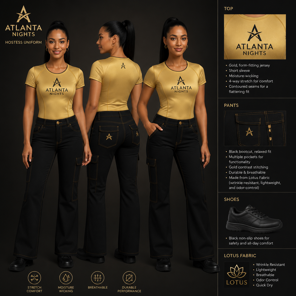 womens hostess staff uniform with gold form fitting jersey with ATLANTA NIGHTS business logo with black bootcut fit pants with multiple pockets and relaxed and gold stitching, streetwear inspired and black non-slip shoes. The uniform is made of lotus fabric. Remove lotus flower from the uniform
Women's hostess staff uniform: gold form-fitting jersey top with ATLANTA NIGHTS logo, short sleeve. Black bootcut pants, relaxed fit, multiple pockets, gold stitching. Made from lotus fabric. Black non-slip shoes.