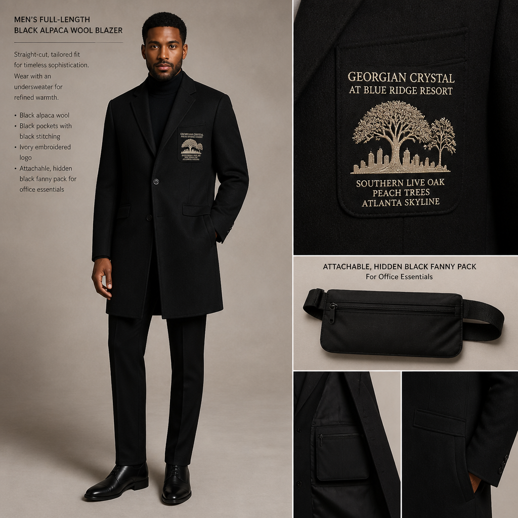 All Black warm long-sleeve alpaca wool straight-cut tailored-fit blazer suit with black pockets. Make sure pockets have black stitching. Include an attachable, hidden black sleek fanny pack to hold pens, a small pen pad, front office cordless phone, and front office keys. The cursive front pocket logo should have the business name "Georgian Crystal at Blue Ridge Resort" embroidered with Ivory stitching only. Include an ivory-embroidered Southern Live Oak Tree with Spanish Moss and Peach Trees with fallen peaches influenced by the Atlanta skyline within front pocket logo. Please create a design for men only. Logo should be located on the front of the blazer only. Blazer should be full length. instead of button up, include sweater underneath if front office agent needs to take off blazer.
Men's full-length, straight-cut, tailored-fit blazer in black alpaca wool. Black pockets with black stitching. Ivory embroidered logo with "Georgian Crystal at Blue Ridge Resort", Southern Live Oak, Peach Trees, and Atlanta skyline on the front pocket. Includes an attachable, hidden black fanny pack for office essentials. Wear with an undersweater.