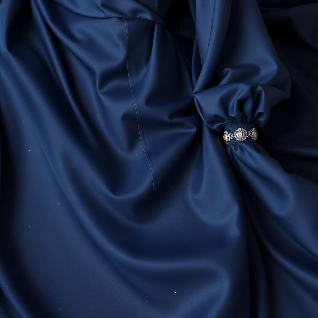 Silk midnight blue  only fabric

Silk midnight blue fabric draping effortlessly, elegant and fluid. A high-collared bodice, structured yet soft, cascading into a flowing floor-length skirt. Delicate, shimmering threads create subtle patterns reminiscent of starlit skies. Sleeves billow gracefully, cinched at the wrists with ornate silver cuffs. A sophisticated aura, timeless and ethereal.