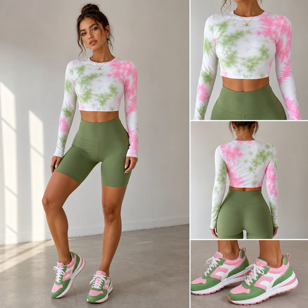 Long sleeve white crop top with green and pink tie dye on crop top. Green bike shorts. Green and pink gym shoes with white laces.
Long sleeve white crop top with green and pink tie dye on crop top. Green bike shorts. Green and pink gym shoes with white laces.