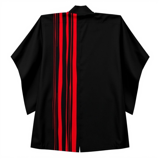 Design a men's kimono with a futuristic, minimalist aesthetic. On one side of the kimono, feature vertical lines in varying widths and lengths, randomly placed in red, creating a dynamic and fluid pattern. The other side should remain clean and simple, maintaining a sleek, modern silhouette. The base color should be black, with the red lines adding contrast and energy to one side. The overall design should combine a modern, shamanic feel, blending tradition with innovation, and evoke both spiritual and futuristic elements."