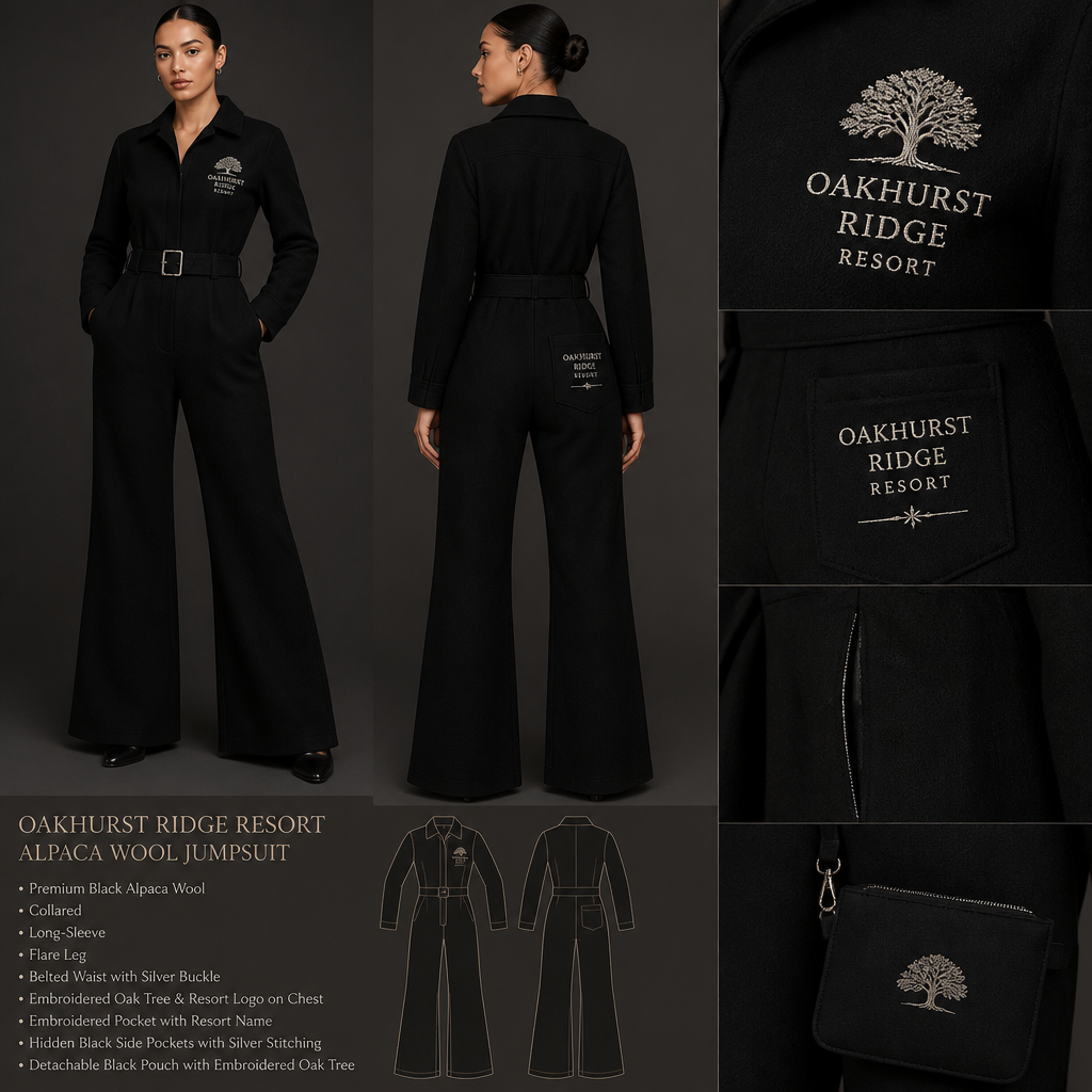 Black warm collared, belted, and stretchy long-sleeve timeless elegance professional flare leg jumpsuit made of alpaca wool with silver cursive font embroidered "Georgian Crystal at Blue Ridge Resort" logo pocket with silver stitching, then add hidden black pockets. Make sure non-sheen pockets have silver stitching. Include an attachable hidden black pouch to hold pens, a small pen pad, front office cordless phone, and front office keys. Large logo should include a silver-stitched only Southern Live Oak Tree with Spanish Moss and Peach Trees with fallen peaches, influenced by the Atlanta skyline on the front chest area only, and The entire front chest logo size should be the size of a circular plate, including the resort name within the circular plate only. Create a design for women in the front office only. Remove embroidery from everywhere EXCEPT chest area, pocket, and belt, and pouch
Black alpaca wool jumpsuit. Flare leg, collared, belted, long-sleeve. Embroidered resort logo and oak tree design on chest. Embroidered pocket with resort name. Hidden black side pockets with silver stitching. Black attachable pouch.