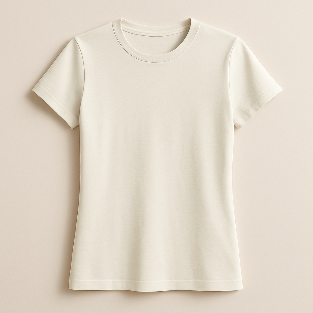 A premium women’s basic crew neck t-shirt, slim-relaxed fit, made of first-class high-quality cotton fabric with a soft luxurious texture, short sleeves, minimal and elegant design. Photographed in natural daylight, clean background, ultra-detailed premium cotton fabric texture, hyperrealistic knit stitches, 3D depth of field close-up, fashion e-commerce product photography aesthetic.


Classic fashion design: Women's crew neck t-shirt, slim-relaxed fit, cotton. Short sleeves. Solid color. Timeless design.