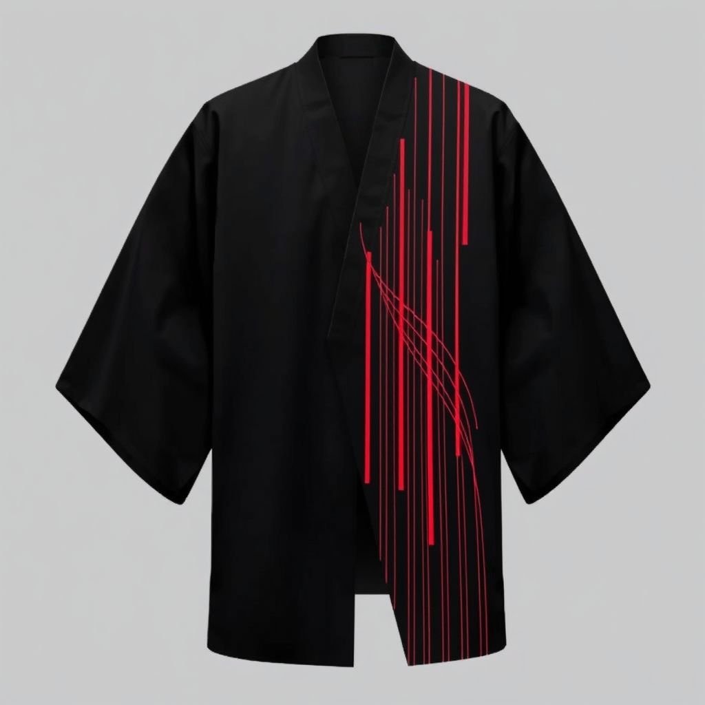 Design a men's kimono with a futuristic, minimalist aesthetic. On one side of the kimono, feature vertical lines in varying widths and lengths, randomly placed in red, creating a dynamic and fluid pattern. The other side should remain clean and simple, maintaining a sleek, modern silhouette. The base color should be black, with the red lines adding contrast and energy to one side. The overall design should combine a modern, shamanic feel, blending tradition with innovation, and evoke both spiritual and futuristic elements."

Men's kimono, black base, sleek and modern silhouette. Futuristic minimalism, one side adorned with dynamic vertical lines, varying widths and lengths, vibrant red. Fluid pattern, energetic contrast. Opposite side clean, unembellished, maintaining balance. Combination of traditional craftsmanship and innovative design, embodying a shamanic essence, merging spiritual depth with contemporary style.