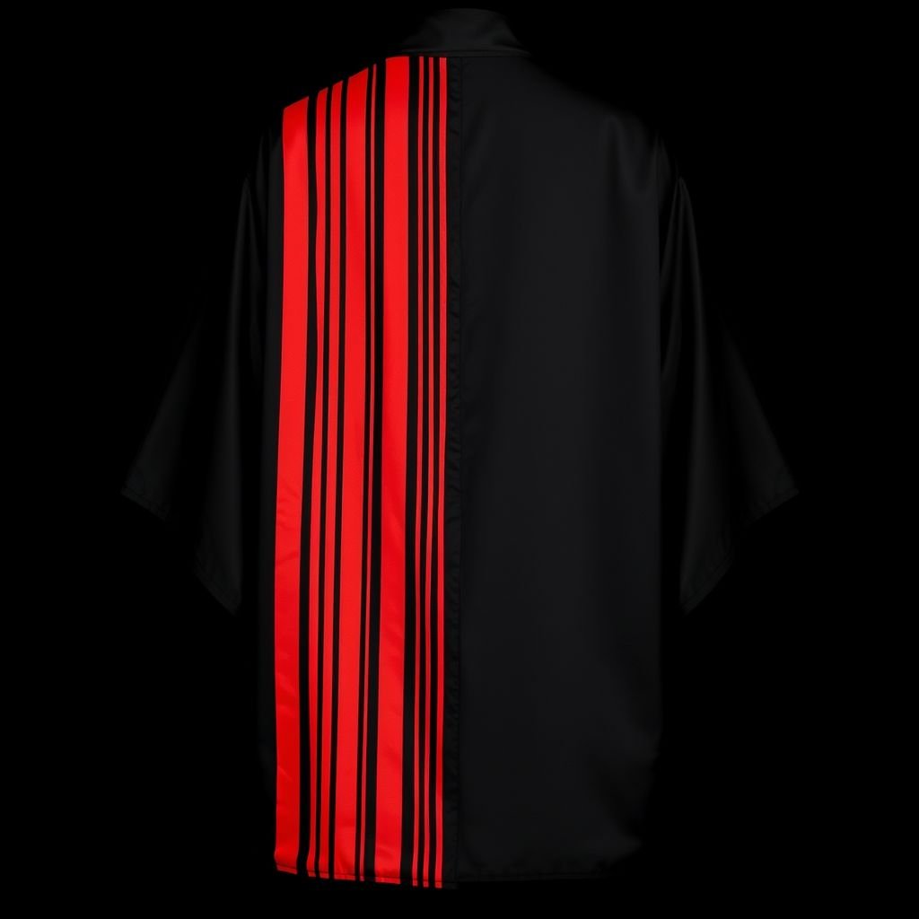 Design a men's kimono with a futuristic, minimalist aesthetic. On one side of the kimono, feature vertical lines in varying widths and lengths, randomly placed in red, creating a dynamic and fluid pattern. The other side should remain clean and simple, maintaining a sleek, modern silhouette. The base color should be black, with the red lines adding contrast and energy to one side. The overall design should combine a modern, shamanic feel, blending tradition with innovation, and evoke both spiritual and futuristic elements."


Men's kimono, luxurious black silk, sleek and modern silhouette. One side adorned with dynamic red vertical lines, varying widths and lengths, creating energy and movement. Opposite side, minimalist elegance, unembellished and serene. Fusion of traditional craftsmanship and futuristic design, evoking shamanic spirituality infused with contemporary artistry. Timeless, bold, avant-garde statement piece.