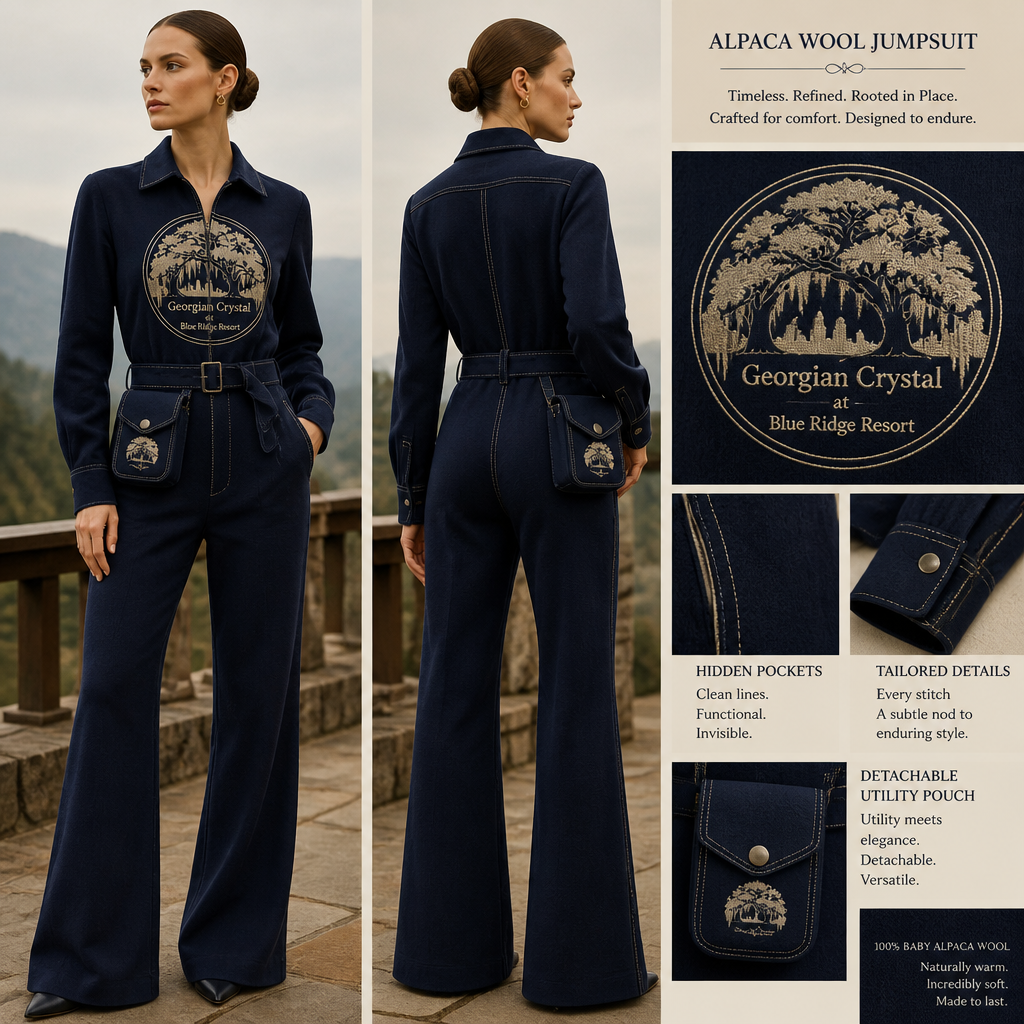 oxford navy warm collared, belted, and stretchy long-sleeve timeless elegance professional flare leg non-jean jumpsuit made of alpaca wool with silver cursive font embroidered "Georgian Crystal at Blue Ridge Resort" logo pocket with cream stitching, then add hidden oxford navy pockets. Make sure non-sheen pockets have cream stitching. Include an attachable hidden oxford navy pouch to hold pens, a small pen pad, front office cordless phone, and front office keys. Large logo should include a cream-stitched only Southern Live Oak Tree with Spanish Moss and Peach Trees with fallen peaches, influenced by the Atlanta skyline on the front chest area only, and The entire front chest logo size should be the size of a circular plate, including the resort name within the circular plate only. Create a design for women in the front office only.
**Alpaca Wool Jumpsuit: timeless, collared, belted, flare-leg, long-sleeve, navy.** Features custom front chest embroidery: cream Southern Live Oak, Spanish Moss, Peach Trees, Atlanta skyline, "Georgian Crystal at Blue Ridge Resort" text, circular plate-sized. **Hidden pockets with cream stitching.** Includes **detachable utility pouch.**