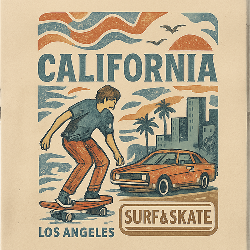 Create a variety of streetwear-style t-shirt and hoodie graphics and logos, featuring bold, trendy designs inspired by California surf and urban lifestyle. Include abstract patterns, oversized typography, retro logos, subtle animal motifs like seagulls, waves, sunsets, skaters, or cars. Designs should be youthful, casual, and edgy, suitable for screen printing on apparel. Use muted pastels, washed denim blues, and earth tones, with clean lines and modern style. Vector-ready, high-detail, wearable streetwear aesthetic logos