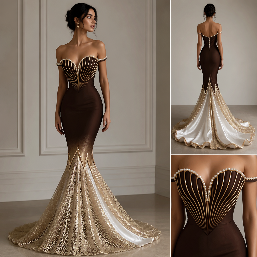 Off-the-shoulder, timeless mermaid gown with a piped chocolate-brown oyster bodice extending to mid-thigh and a gold avant-garde train starting at the knees, with a pure white inner lining like the nacre inside a clam. The slip under the dress should be of metallic netting with lines of pearls gracing the bottom of the netting. the transition from the bodice to the train should have an ombre effect to blend the fabric transition. The dress should also be appropriate for everyday wear.
Off-the-shoulder mermaid gown. Oyster bodice, chocolate-brown, piped. Gold train from knees, pure white lining. Metallic netting slip, pearl trim. Ombre transition. Everyday wear.