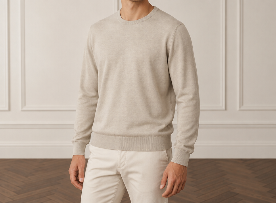 On-model photoshoot (studio)
Show the garment from the image worn by a professional fashion model standing in a professional photo studio with a clean seamless background and soft editorial lighting. Reproduce the garment's exact design, color, fabric and details faithfully. Full-body shot, photorealistic, no text. Additional instructions: Premium men's fashion e-commerce product photography of a viscose knit jumper, matching the established reference composition, pose, body rotation, camera angle, proportions and premium studio aesthetic.
COMPOSITION:
Upper-body men's fashion catalogue photograph.
Show the male model from approximately the LOWER CHIN / NECK AREA down to the UPPER THIGHS.
The FACE must remain completely outside the frame.
No eyes.
No nose.
No full face visible.
Only a small portion of the lower chin and neck may be visible at the very top of the frame.
The complete jumper must be clearly visible:
neckline,
shoulders,
chest,
sleeves,
cuffs,
waist,
and bottom hem.
The jumper must occupy the majority of the image and remain the dominant visual focus.
POSE — ABSOLUTELY CRITICAL:
Use the same established premium catalogue pose.
The model stands with a subtle natural THREE-QUARTER body rotation.
The body must NOT be completely front-facing.
The LEFT SHOULDER is positioned FORWARD and slightly CLOSER TO THE CAMERA.
The RIGHT SHOULDER is positioned slightly FARTHER BACK.
The LEFT SIDE of the torso is therefore slightly closer to the camera.
The rotation must remain subtle, approximately 10–20 degrees.
Do NOT mirror the pose.
Do NOT place the right shoulder forward.
Do NOT make the shoulders symmetrical and frontal.
Do NOT create a strong side profile.
LEFT SHOULDER FORWARD is mandatory.
ARMS AND HANDS:
Both arms hang naturally and STRAIGHT DOWN alongside the body.
Both hands remain naturally positioned beside the outer upper thighs.
Hands are relaxed.
Fingers are naturally relaxed.
No hands in pockets.
No crossed arms.
No bent or raised arms.
No touching the jumper.
No pulling the hem.
No adjusting the sleeves.
No touching the collar.
No fashion gestures.
The pose must look calm, masculine, sophisticated and effortless.
JUMPER — ABSOLUTE PRODUCT PRESERVATION:
Use the EXACT viscose jumper from the supplied source image.
Preserve the exact:
design,
color,
shade,
silhouette,
fit,
proportions,
length,
shoulder width,
chest width,
sleeve length,
sleeve width,
neckline,
collar construction,
cuffs,
bottom hem,
ribbing if present,
knit structure,
stitching,
seams,
logos or details if originally present,
and all original construction details.
Do NOT redesign the jumper.
Do NOT change its color.
Do NOT change its original fit.
Do NOT make it tighter.
Do NOT make it oversized.
Do NOT shorten or lengthen it.
Do NOT change the neckline.
Do NOT change the sleeves.
Do NOT add details that are not present in the source image.
The generated jumper must look like the EXACT SAME physical product as in the source photograph.
VISCOSE FABRIC — CRITICAL:
The jumper is made from premium VISCOSE knit fabric.
The material must clearly retain the characteristic appearance and behavior of high-quality viscose.
The fabric should look:
smooth,
soft,
fine,
refined,
fluid,
supple,
elegant,
and premium.
Viscose must have a naturally smooth surface with a very subtle refined luster.
The sheen must be extremely delicate and realistic.
NEVER make the fabric excessively shiny.
NEVER make it look glossy.
NEVER make it look like satin, silk, polyester or synthetic plastic.
The viscose knit must have a soft, fluid and elegant drape.
The fabric should fall naturally over the torso rather than appearing stiff or rigid.
Show realistic gentle folds around the waist, sides, elbows and sleeves.
The folds should be soft and controlled, reflecting the natural fluidity of viscose.
The jumper should maintain a clean silhouette while still showing the characteristic soft drape of viscose.
Preserve the original knit density and texture from the source product.
Do NOT make the knit chunky unless the source product is actually chunky.
Do NOT make the fabric excessively thin or transparent.
No transparency.
No artificial gloss.
No wet-look effect.
No plastic texture.
FIT:
Preserve the EXACT original fit of the source jumper.
The shoulder line must follow the original product.
The chest must fall naturally without artificial tightness.
The sleeves must preserve their exact original length and width.
The waist and bottom hem must preserve their original shape and proportions.
Do NOT artificially tuck the jumper into the trousers.
The jumper should fall naturally over the waistband unless the original source image specifically shows otherwise.
TROUSERS:
Use clean premium trousers or jeans that naturally complement the specific color and style of the jumper.
Only the upper portion of the trousers should be visible at the bottom of the frame.
Choose a harmonious neutral color appropriate for the specific jumper.
The trousers must remain visually secondary.
They must NOT distract attention from the jumper.
CAMERA AND FRAMING:
Premium upper-body product catalogue composition matching the established reference.
Crop from approximately the LOWER CHIN / NECK AREA down to the UPPER THIGHS.
NO FACE VISIBLE.
Both shoulders must be completely visible.
Both sleeves must be completely visible.
Both hands must be visible.
The entire jumper from neckline to bottom hem must be visible.
Do not crop the shoulders.
Do not crop the sleeves or cuffs.
Do not crop the bottom hem.
Leave comfortable and balanced negative space around the garment.
Camera positioned approximately at CHEST LEVEL.
Natural premium catalogue perspective.
No wide-angle distortion.
No dramatic perspective.
No exaggerated shoulders.
No distorted arms or hands.
STUDIO — MATCH THE ESTABLISHED REFERENCE:
Elegant premium minimalist indoor studio.
Warm light greige / off-white walls.
Classic subtle rectangular decorative wall moulding.
Dark warm brown wooden parquet floor with a refined herringbone pattern where visible.
Soft diffused natural-looking studio lighting.
The lighting must gently reveal the smooth viscose texture, fine knit structure and natural drape of the jumper.
Use subtle directional light to create delicate depth in the fabric without excessive reflections.
Very subtle realistic shadows.
Neutral warm color temperature.
No furniture.
No decorations.
No props.
No plants.
No visible studio equipment.
The studio must feel elegant, quiet, sophisticated and expensive.
IMAGE STYLE:
Ultra-photorealistic.
Premium European menswear e-commerce photography.
Natural male anatomy.
Realistic skin texture.
Highly realistic viscose knit texture.
Accurate knit structure.
Accurate fabric drape.
Natural soft folds.
Soft controlled lighting.
Clean premium catalogue aesthetic.
Understated luxury.
No excessive retouching.
No cinematic effects.
No dramatic lighting.
No artificial fabric shine.
STRICT REFERENCE RULES:
VISCOSE JUMPER IS THE MAIN PRODUCT.
PRESERVE THE EXACT ORIGINAL JUMPER.
PRESERVE EXACT COLOR, FIT, PROPORTIONS, KNIT STRUCTURE AND CONSTRUCTION.
REALISTIC PREMIUM VISCOSE TEXTURE.
SMOOTH AND SOFT SURFACE.
FLUID NATURAL DRAPE.
SUBTLE NATURAL LUSTER ONLY.
NEVER GLOSSY.
NEVER SYNTHETIC-LOOKING.
NEVER STIFF.
LEFT SHOULDER FORWARD AND CLOSER TO CAMERA.
RIGHT SHOULDER SLIGHTLY BACK.
LEFT SIDE OF TORSO CLOSER TO CAMERA.
SUBTLE THREE-QUARTER BODY ROTATION.
NEVER MIRROR THE POSE.
NEVER PUT THE RIGHT SHOULDER FORWARD.
NEVER MAKE THE MODEL COMPLETELY FRONT-FACING.
BOTH ARMS STRAIGHT DOWN.
BOTH HANDS RELAXED BESIDE THE THIGHS.
NO HANDS IN POCKETS.
NO FASHION GESTURES.
NO FACE VISIBLE.
CROP FROM LOWER CHIN / NECK TO UPPER THIGHS.
COMPLETE JUMPER VISIBLE FROM NECKLINE TO HEM.
WARM OFF-WHITE MOULDED STUDIO WALL.
DARK BROWN HERRINGBONE PARQUET FLOOR.
SOFT PREMIUM CATALOGUE LIGHTING.
TROUSERS:
Use clean premium trousers or jeans that naturally complement the specific color and style of the jumper.
Only the upper portion of the trousers should be visible at the bottom of the frame.
Choose a harmonious neutral color appropriate for the specific jumper.
Automatically choose the trouser color yourself based on the exact color of the jumper, selecting the most harmonious, sophisticated and visually balanced color combination for each specific jumper.
The trousers must remain visually secondary.
They must NOT distract attention from the jumper..