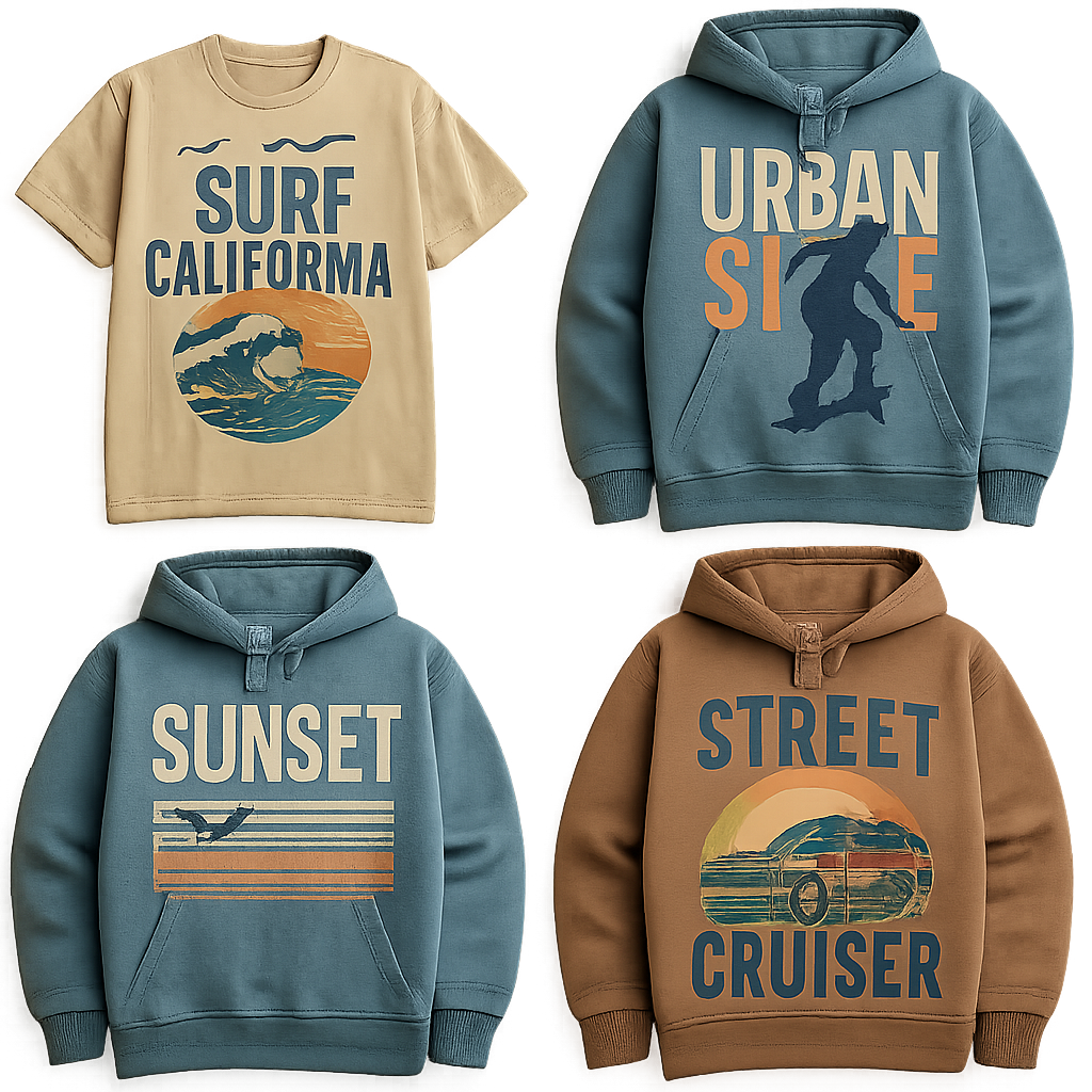 Create a variety of streetwear-style t-shirt and hoodie graphics and logos, featuring bold, trendy designs inspired by California surf vibes and urban lifestyle. Include abstract patterns, oversized typography, retro logos, subtle animal motifs like seagulls, waves, sunsets, skaters, or cars. Designs should be youthful, casual, and edgy, suitable for screen printing on apparel. Use muted pastels, washed denim blues, and earth tones, with clean lines and modern style. Vector-ready, high-detail, wearable streetwear aesthetic logos, including novry

Retro fashion design: Design streetwear graphics: t-shirts and hoodies. Bold logos, abstract patterns, oversized typography. Retro California surf style, urban lifestyle. Think seagulls, waves, sunsets, skaters, and vintage cars. Muted pastels, washed denim blue, earth tones. Casual, youthful, edgy with a relaxed fit. For screen printing.
