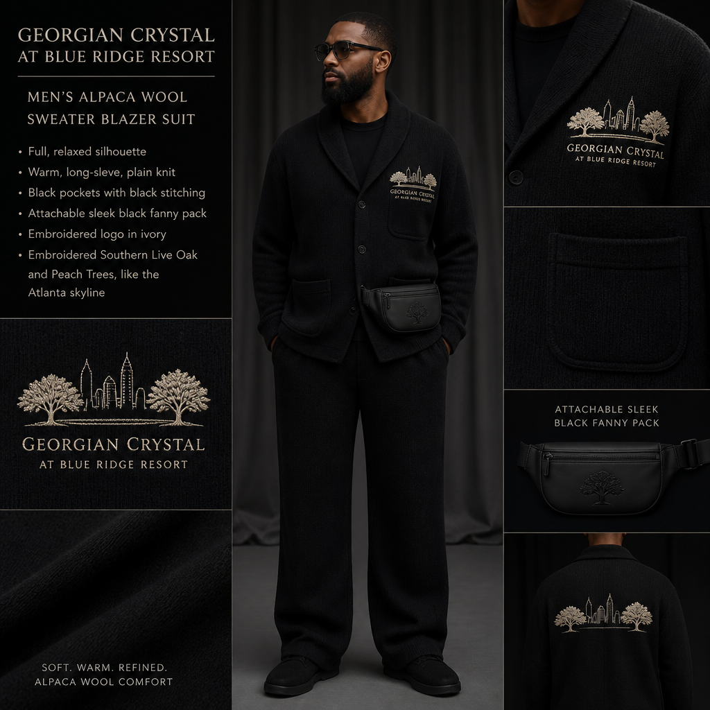All Black warm long-sleeve alpaca wool full sweater blazer suit with black pockets. Make sure pockets have black stitching. Include an attachable black sleek fanny pack to hold pens, a small pen pad, front office cordless phone, and front office keys. The logo should business name "Georgian Crystal at Blue Ridge Resort" embroidered with Ivory stitching, then include an embroidered Southern Live Oak Tree with Spanish Moss and Peach Trees with fallen peaches gracing it like the Atlanta skyline. Please create a design for men only.
Men's black alpaca wool sweater blazer suit. Full, relaxed silhouette. Warm, long-sleeve, plain knit. Black pockets with black stitching. Attachable sleek black fanny pack. Embroidered logo: "Georgian Crystal at Blue Ridge Resort" in ivory. Embroidered Southern Live Oak and Peach Trees, like the Atlanta skyline.