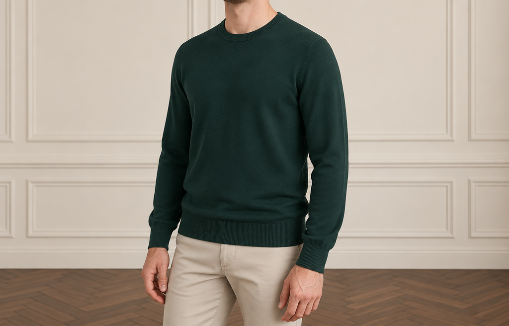 On-model photoshoot (studio)
Show the garment from the image worn by a professional fashion model standing in a professional photo studio with a clean seamless background and soft editorial lighting. Reproduce the garment's exact design, color, fabric and details faithfully. Full-body shot, photorealistic, no text. Additional instructions: Premium men's fashion e-commerce product photography of a viscose knit jumper, matching the established reference composition, pose, body rotation, camera angle, proportions and premium studio aesthetic.
COMPOSITION:
Upper-body men's fashion catalogue photograph.
Show the male model from approximately the LOWER CHIN / NECK AREA down to the UPPER THIGHS.
The FACE must remain completely outside the frame.
No eyes.
No nose.
No full face visible.
Only a small portion of the lower chin and neck may be visible at the very top of the frame.
The complete jumper must be clearly visible:
neckline,
shoulders,
chest,
sleeves,
cuffs,
waist,
and bottom hem.
The jumper must occupy the majority of the image and remain the dominant visual focus.
POSE — ABSOLUTELY CRITICAL:
Use the same established premium catalogue pose.
The model stands with a subtle natural THREE-QUARTER body rotation.
The body must NOT be completely front-facing.
The LEFT SHOULDER is positioned FORWARD and slightly CLOSER TO THE CAMERA.
The RIGHT SHOULDER is positioned slightly FARTHER BACK.
The LEFT SIDE of the torso is therefore slightly closer to the camera.
The rotation must remain subtle, approximately 10–20 degrees.
Do NOT mirror the pose.
Do NOT place the right shoulder forward.
Do NOT make the shoulders symmetrical and frontal.
Do NOT create a strong side profile.
LEFT SHOULDER FORWARD is mandatory.
ARMS AND HANDS:
Both arms hang naturally and STRAIGHT DOWN alongside the body.
Both hands remain naturally positioned beside the outer upper thighs.
Hands are relaxed.
Fingers are naturally relaxed.
No hands in pockets.
No crossed arms.
No bent or raised arms.
No touching the jumper.
No pulling the hem.
No adjusting the sleeves.
No touching the collar.
No fashion gestures.
The pose must look calm, masculine, sophisticated and effortless.
JUMPER — ABSOLUTE PRODUCT PRESERVATION:
Use the EXACT viscose jumper from the supplied source image.
Preserve the exact:
design,
color,
shade,
silhouette,
fit,
proportions,
length,
shoulder width,
chest width,
sleeve length,
sleeve width,
neckline,
collar construction,
cuffs,
bottom hem,
ribbing if present,
knit structure,
stitching,
seams,
logos or details if originally present,
and all original construction details.
Do NOT redesign the jumper.
Do NOT change its color.
Do NOT change its original fit.
Do NOT make it tighter.
Do NOT make it oversized.
Do NOT shorten or lengthen it.
Do NOT change the neckline.
Do NOT change the sleeves.
Do NOT add details that are not present in the source image.
The generated jumper must look like the EXACT SAME physical product as in the source photograph.
VISCOSE FABRIC — CRITICAL:
The jumper is made from premium VISCOSE knit fabric.
The material must clearly retain the characteristic appearance and behavior of high-quality viscose.
The fabric should look:
smooth,
soft,
fine,
refined,
fluid,
supple,
elegant,
and premium.
Viscose must have a naturally smooth surface with a very subtle refined luster.
The sheen must be extremely delicate and realistic.
NEVER make the fabric excessively shiny.
NEVER make it look glossy.
NEVER make it look like satin, silk, polyester or synthetic plastic.
The viscose knit must have a soft, fluid and elegant drape.
The fabric should fall naturally over the torso rather than appearing stiff or rigid.
Show realistic gentle folds around the waist, sides, elbows and sleeves.
The folds should be soft and controlled, reflecting the natural fluidity of viscose.
The jumper should maintain a clean silhouette while still showing the characteristic soft drape of viscose.
Preserve the original knit density and texture from the source product.
Do NOT make the knit chunky unless the source product is actually chunky.
Do NOT make the fabric excessively thin or transparent.
No transparency.
No artificial gloss.
No wet-look effect.
No plastic texture.
FIT:
Preserve the EXACT original fit of the source jumper.
The shoulder line must follow the original product.
The chest must fall naturally without artificial tightness.
The sleeves must preserve their exact original length and width.
The waist and bottom hem must preserve their original shape and proportions.
Do NOT artificially tuck the jumper into the trousers.
The jumper should fall naturally over the waistband unless the original source image specifically shows otherwise.
TROUSERS:
Use clean premium trousers or jeans that naturally complement the specific color and style of the jumper.
Only the upper portion of the trousers should be visible at the bottom of the frame.
Choose a harmonious neutral color appropriate for the specific jumper.
The trousers must remain visually secondary.
They must NOT distract attention from the jumper.
CAMERA AND FRAMING:
Premium upper-body product catalogue composition matching the established reference.
Crop from approximately the LOWER CHIN / NECK AREA down to the UPPER THIGHS.
NO FACE VISIBLE.
Both shoulders must be completely visible.
Both sleeves must be completely visible.
Both hands must be visible.
The entire jumper from neckline to bottom hem must be visible.
Do not crop the shoulders.
Do not crop the sleeves or cuffs.
Do not crop the bottom hem.
Leave comfortable and balanced negative space around the garment.
Camera positioned approximately at CHEST LEVEL.
Natural premium catalogue perspective.
No wide-angle distortion.
No dramatic perspective.
No exaggerated shoulders.
No distorted arms or hands.
STUDIO — MATCH THE ESTABLISHED REFERENCE:
Elegant premium minimalist indoor studio.
Warm light greige / off-white walls.
Classic subtle rectangular decorative wall moulding.
Dark warm brown wooden parquet floor with a refined herringbone pattern where visible.
Soft diffused natural-looking studio lighting.
The lighting must gently reveal the smooth viscose texture, fine knit structure and natural drape of the jumper.
Use subtle directional light to create delicate depth in the fabric without excessive reflections.
Very subtle realistic shadows.
Neutral warm color temperature.
No furniture.
No decorations.
No props.
No plants.
No visible studio equipment.
The studio must feel elegant, quiet, sophisticated and expensive.
IMAGE STYLE:
Ultra-photorealistic.
Premium European menswear e-commerce photography.
Natural male anatomy.
Realistic skin texture.
Highly realistic viscose knit texture.
Accurate knit structure.
Accurate fabric drape.
Natural soft folds.
Soft controlled lighting.
Clean premium catalogue aesthetic.
Understated luxury.
No excessive retouching.
No cinematic effects.
No dramatic lighting.
No artificial fabric shine.
STRICT REFERENCE RULES:
VISCOSE JUMPER IS THE MAIN PRODUCT.
PRESERVE THE EXACT ORIGINAL JUMPER.
PRESERVE EXACT COLOR, FIT, PROPORTIONS, KNIT STRUCTURE AND CONSTRUCTION.
REALISTIC PREMIUM VISCOSE TEXTURE.
SMOOTH AND SOFT SURFACE.
FLUID NATURAL DRAPE.
SUBTLE NATURAL LUSTER ONLY.
NEVER GLOSSY.
NEVER SYNTHETIC-LOOKING.
NEVER STIFF.
LEFT SHOULDER FORWARD AND CLOSER TO CAMERA.
RIGHT SHOULDER SLIGHTLY BACK.
LEFT SIDE OF TORSO CLOSER TO CAMERA.
SUBTLE THREE-QUARTER BODY ROTATION.
NEVER MIRROR THE POSE.
NEVER PUT THE RIGHT SHOULDER FORWARD.
NEVER MAKE THE MODEL COMPLETELY FRONT-FACING.
BOTH ARMS STRAIGHT DOWN.
BOTH HANDS RELAXED BESIDE THE THIGHS.
NO HANDS IN POCKETS.
NO FASHION GESTURES.
NO FACE VISIBLE.
CROP FROM LOWER CHIN / NECK TO UPPER THIGHS.
COMPLETE JUMPER VISIBLE FROM NECKLINE TO HEM.
WARM OFF-WHITE MOULDED STUDIO WALL.
DARK BROWN HERRINGBONE PARQUET FLOOR.
SOFT PREMIUM CATALOGUE LIGHTING..