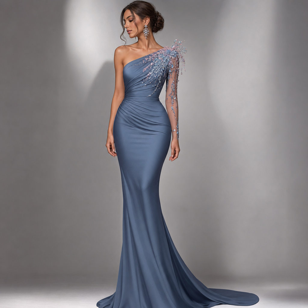 Blue grey one shoulder long tight dress. Light blue and pink sequences on shoulder.
Blue grey one shoulder long tight dress. Light blue and pink sequences on shoulder., haute couture style
