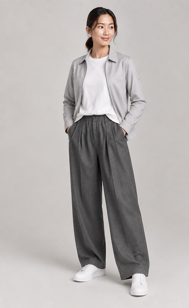 Restyled design: Trouser 改成闊身大肚褲及大肚round neck tee
Restyle the fashion design in the image: Trouser 改成闊身大肚褲及大肚round neck tee. Keep the overall composition and photographic style unless instructed otherwise. Photorealistic editorial fashion photograph, no text.