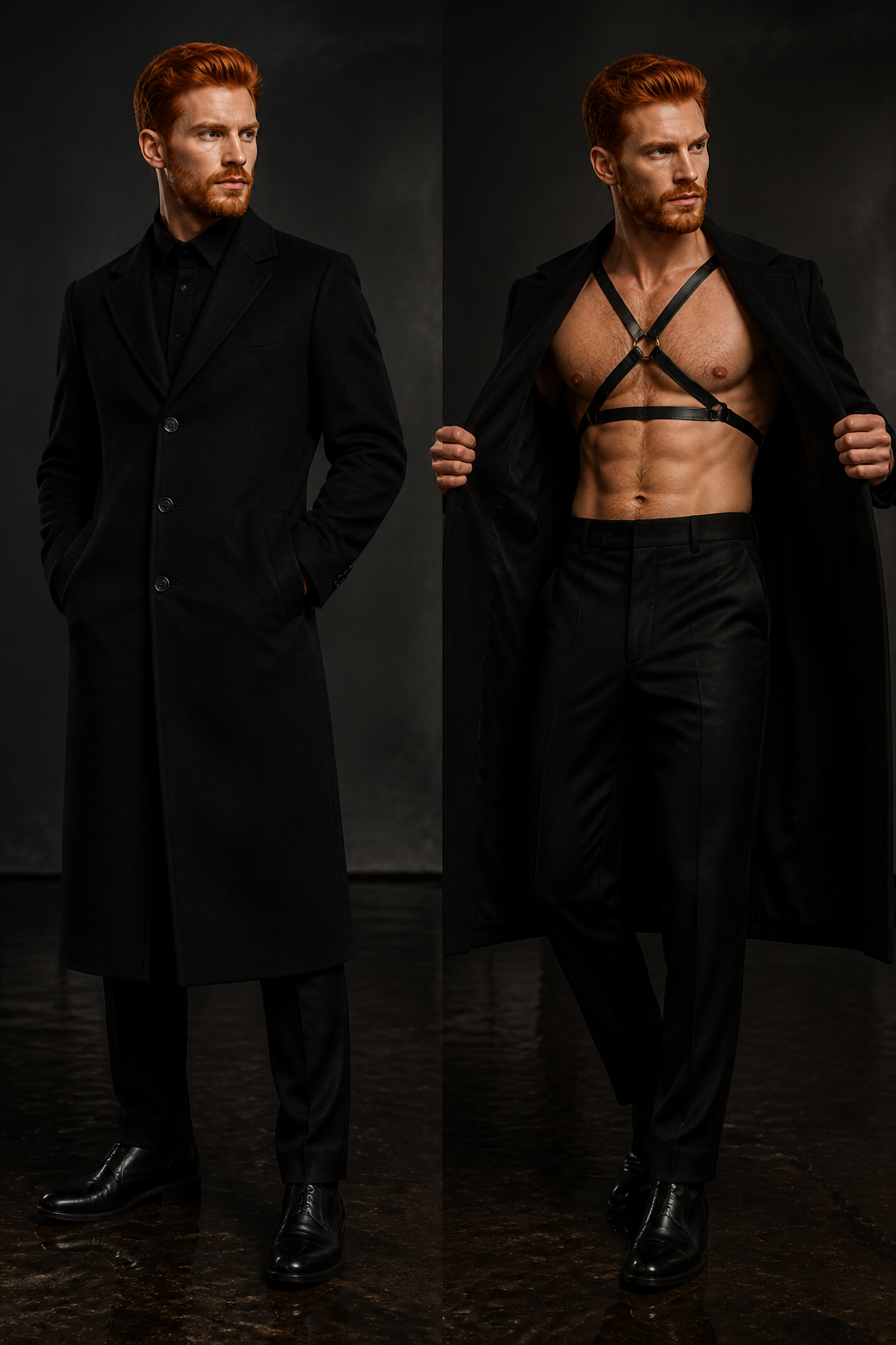 homem ruivo usando um sobretudo longo preto, de corte reto e sofisticado. Por baixo, uma harness de couro preta minimalista, formada por tiras finas e elegantes atravessando o peito e os ombros, sem excesso de ferragens ou aparência fetichista exagerada. A harness deve funcionar como uma peça de moda e não como fantasia. Calça de alfaiataria preta ou grafite, cintura alta e corte impecável. Sapato social preto ou bota de couro discreta.
O peito e os ombros ficam parcialmente expostos pela estrutura da harness. A peça deve valorizar a anatomia do corpo masculino e transmitir segurança. O sobretudo cria um contraste importante: enquanto ele está fechado, Marlon parece sofisticado e misterioso; quando abre o casaco, a harness revela uma sensualidade inesperada.
homem ruivo usando um sobretudo longo preto, de corte reto e sofisticado. Por baixo, uma harness de couro preta minimalista, formada por tiras finas e elegantes atravessando o peito e os ombros, sem excesso de ferragens ou aparência fetichista exagerada. A harness deve funcionar como uma peça de moda e não como fantasia. Calça de alfaiataria preta ou grafite, cintura alta e corte impecável. Sapato social preto ou bota de couro discreta.
O peito e os ombros ficam parcialmente expostos pela estrutura da harness. A peça deve valorizar a anatomia do corpo masculino e transmitir segurança. O sobretudo cria um contraste importante: enquanto ele está fechado, Marlon parece sofisticado e misterioso; quando abre o casaco, a harness revela uma sensualidade inesperada.