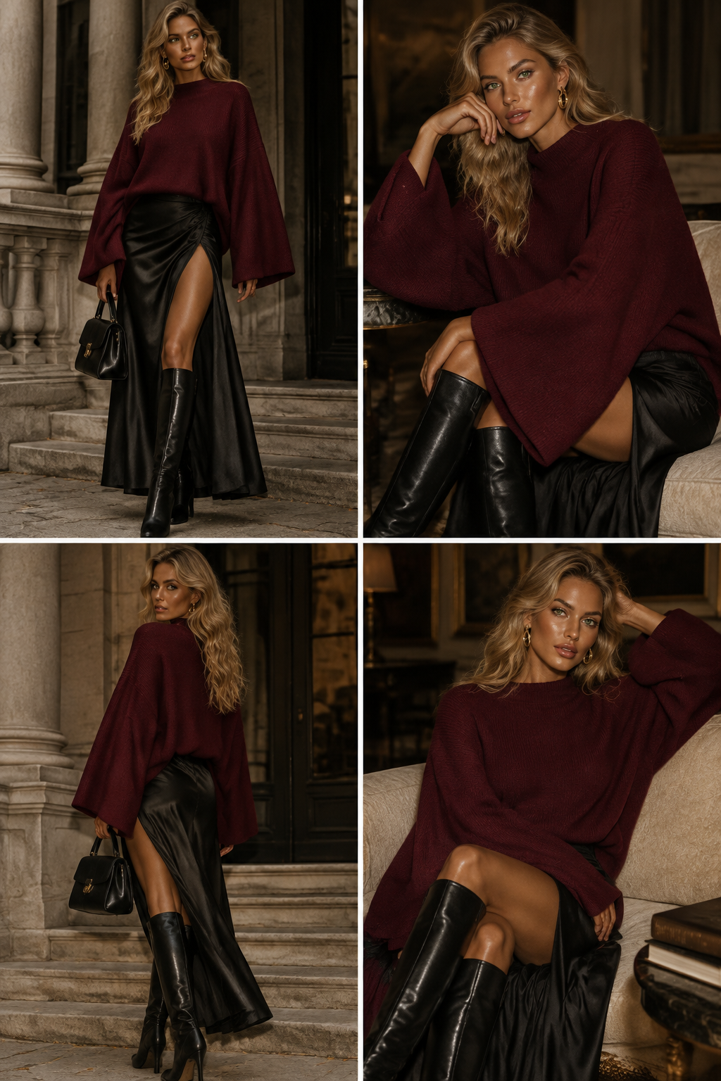 Create old money look of burgundy wide bell sleeve over sized pullover with black silk skirt one side open with long boots sexy model bronze with green eyes and blond hair give me the four postings
Create old money look of burgundy wide bell sleeve over sized pullover with black silk skirt one side open with long boots sexy model bronze with green eyes and blond hair give me the four postings