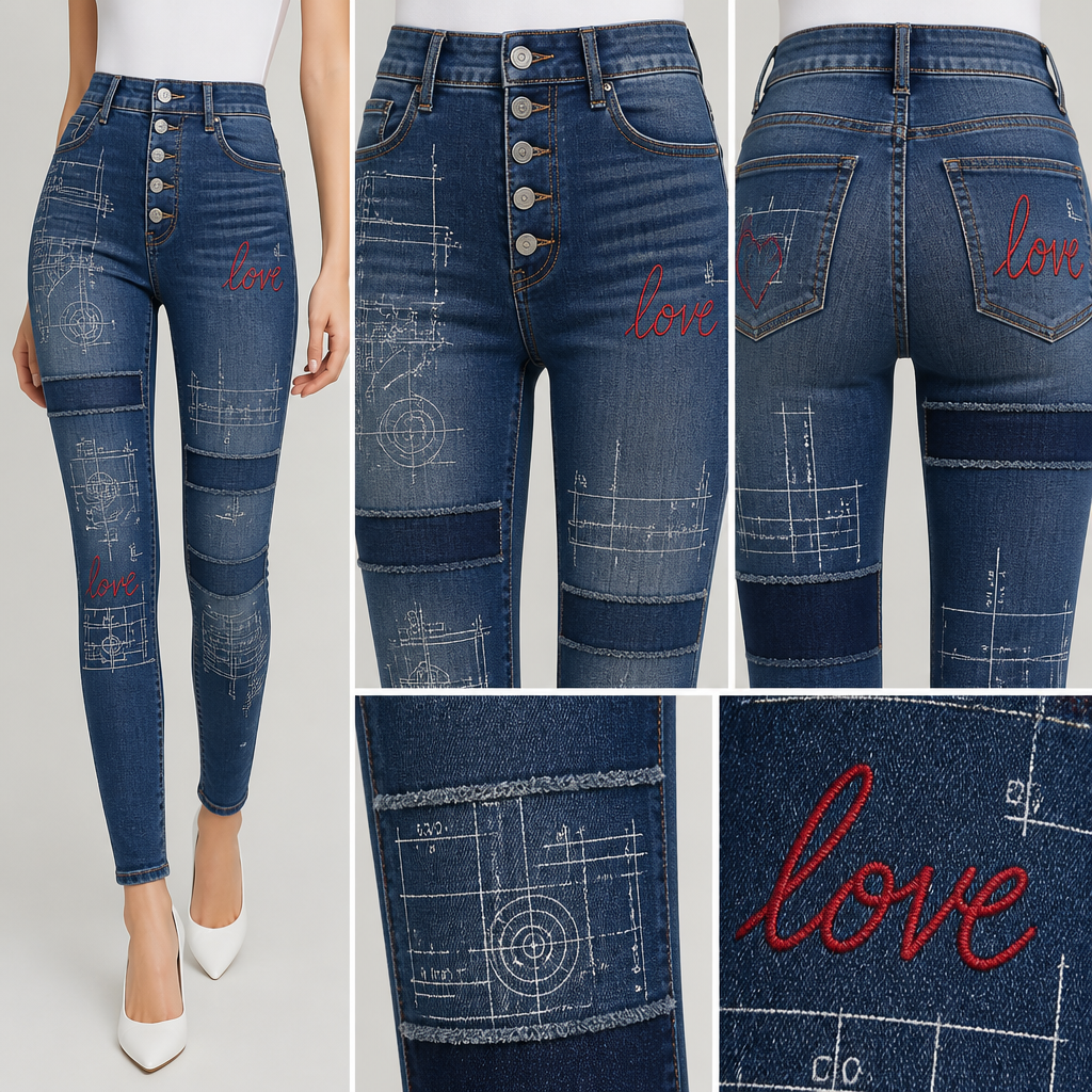 women's skinny
blue jeans with buttons, include white embroidery that says blueprint, red embroidery that says love, with horizontal jean patches
Women's skinny blue jeans, high-waisted, with button fly. White "blueprint" embroidery, red "love" embroidery. Horizontal denim patches. Cotton blend.