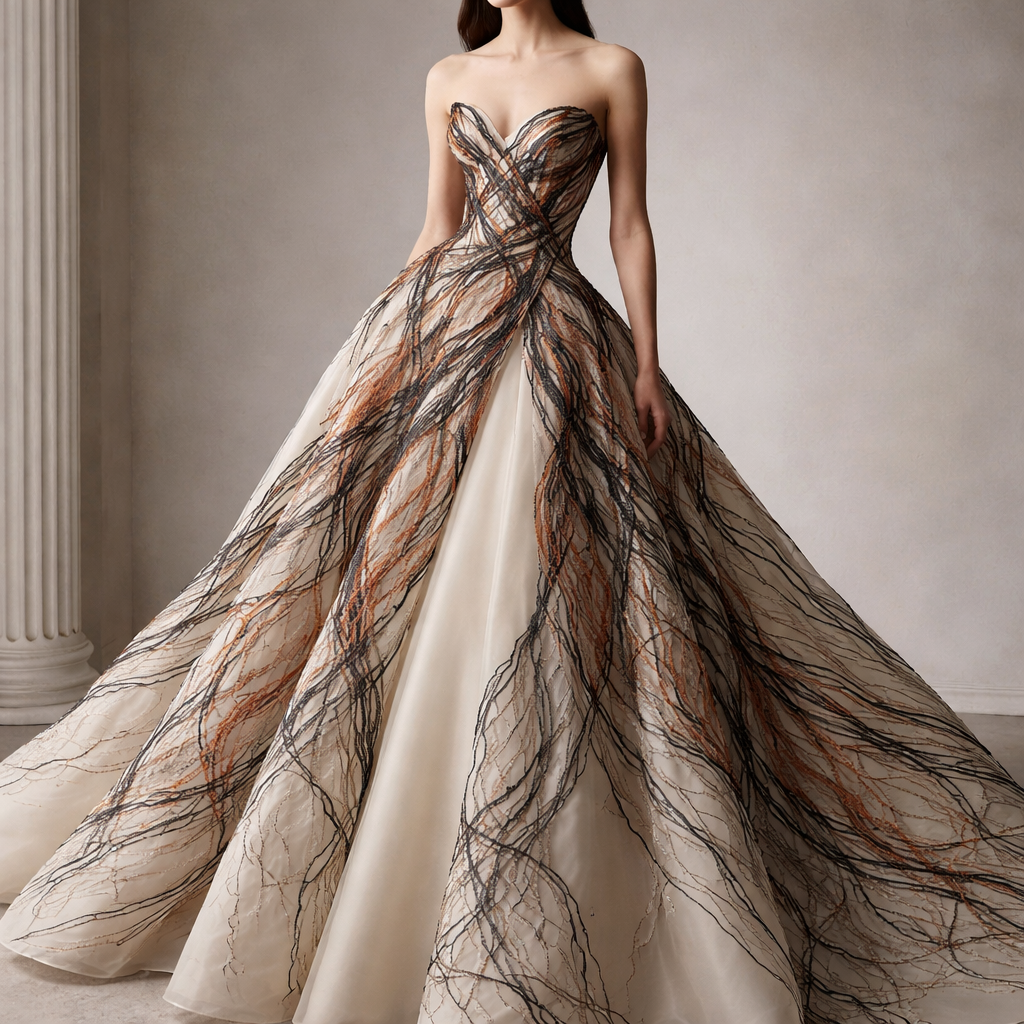 Coleccion inspirada en la ruina de los Quilmes, Tucuman, usando las lineas de las calles sinuosas como estampa, y en trama de crochet, tonos gris y tierras.
Haute Couture fashion design: **Haute Couture Prompt:**
A dramatic evening gown silhouette with a structured bodice and a full, flowing skirt. The fabric is a delicate silk, hand-embroidered with a winding, geometric pattern in charcoal grey and warm terracotta. The fit is impeccably tailored, emphasizing a sculptural form.