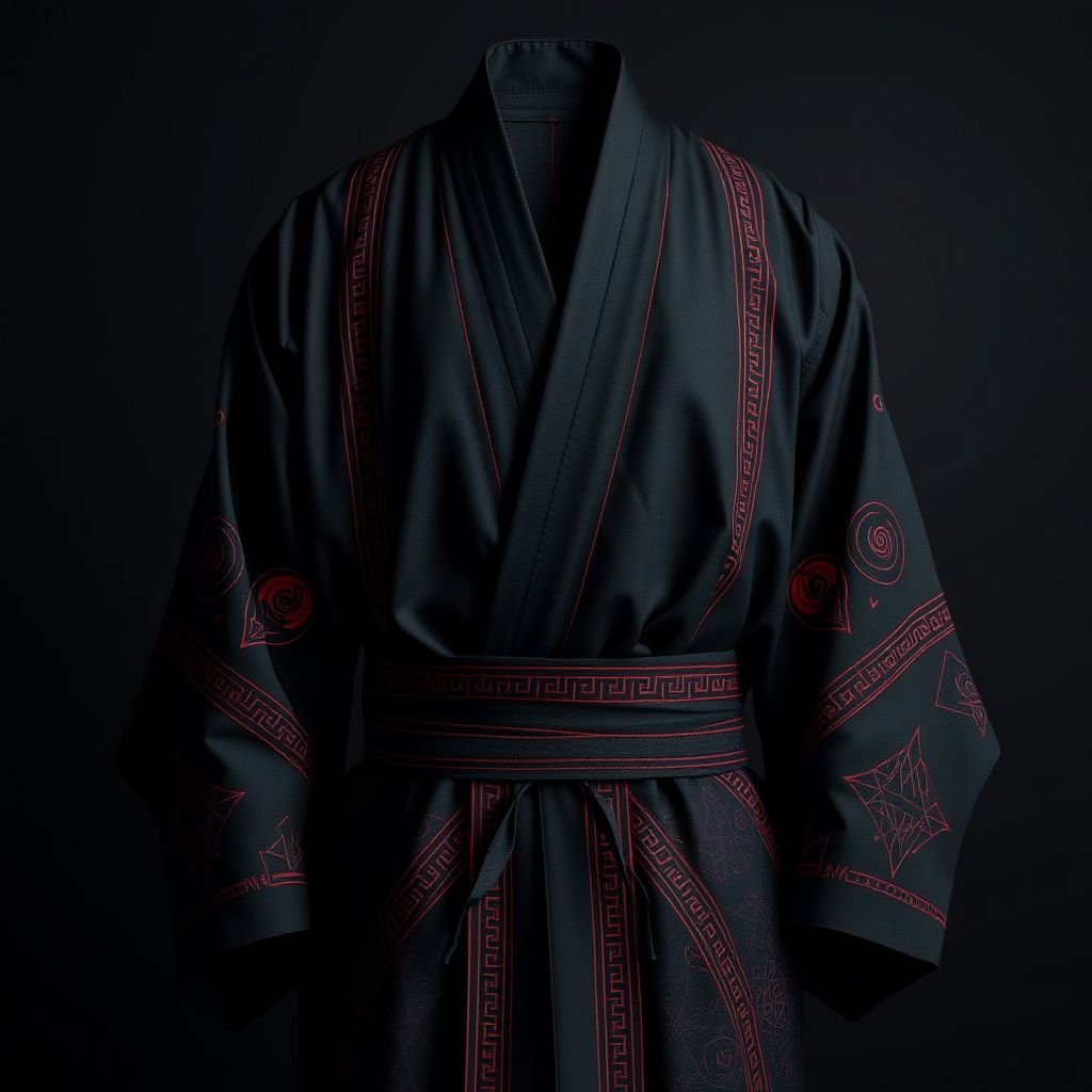 Design a men's kimono with a futuristic, minimalist aesthetic. Incorporate vertical lines and subtle red accents for contrast, creating a sleek, modern look. The kimono should have a shamanic, futuristic vibe, blending geometric shapes and spiritual symbolism. The base color should be black, with the red accents adding a sophisticated touch of color and depth. The design should evoke both tradition and innovation, combining ancient spiritual elements with a cutting-edge, technological feel."



A men’s kimono featuring a sleek black canvas, capturing a minimalist essence. Vertical lines create a structured silhouette. Subtle red accents highlight geometric patterns, infusing warmth and depth. Shamanic symbols woven into the fabric evoke ancient wisdom, while the clean, modern design resonates with a technological future, a bold fusion of tradition and avant-garde.