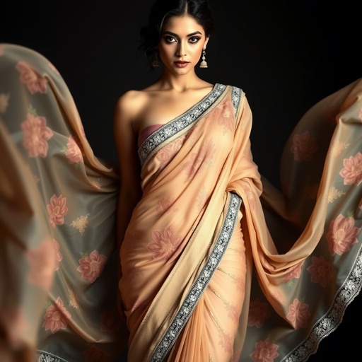a saree with more revealing skin, full body. floral design beautiful face k cup sized chest