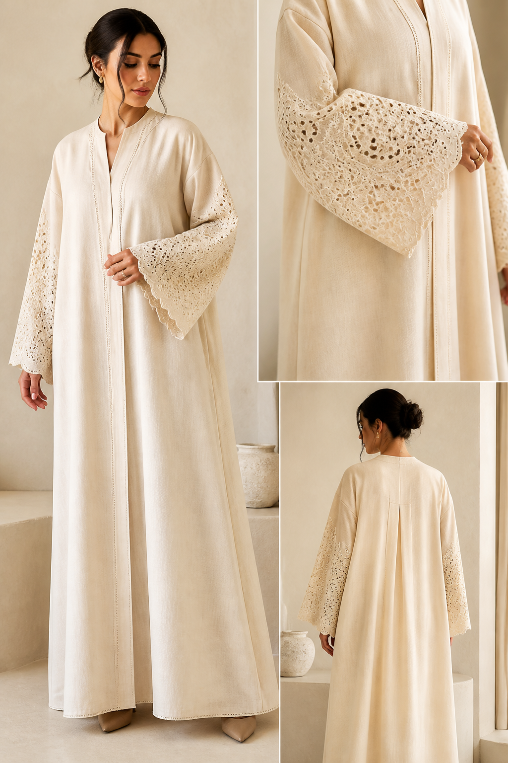Abaya en lin couleur creme, broderie anglais manche tres chic
Abaya en lin couleur creme, broderie anglais manche tres chic