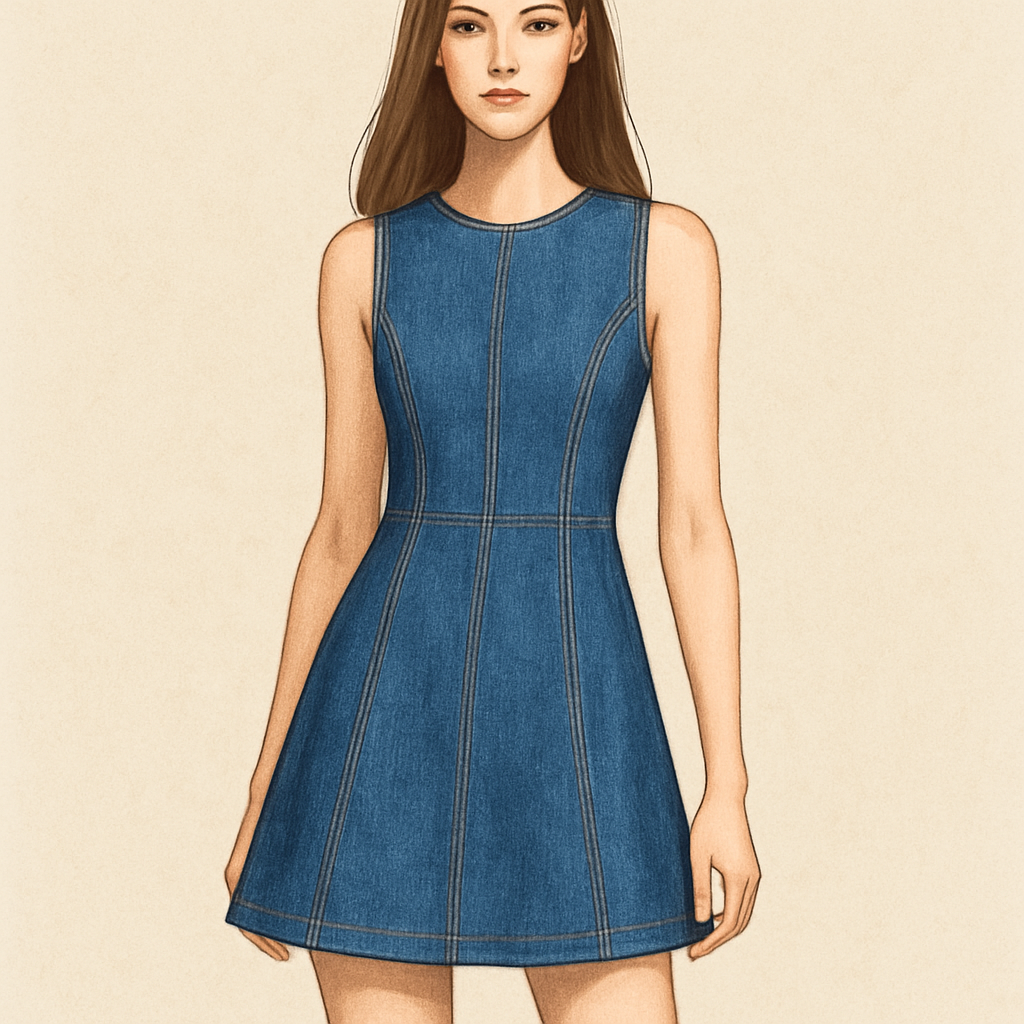 Blue Dress
Blue denim mini dress, A-line silhouette, sleeveless.