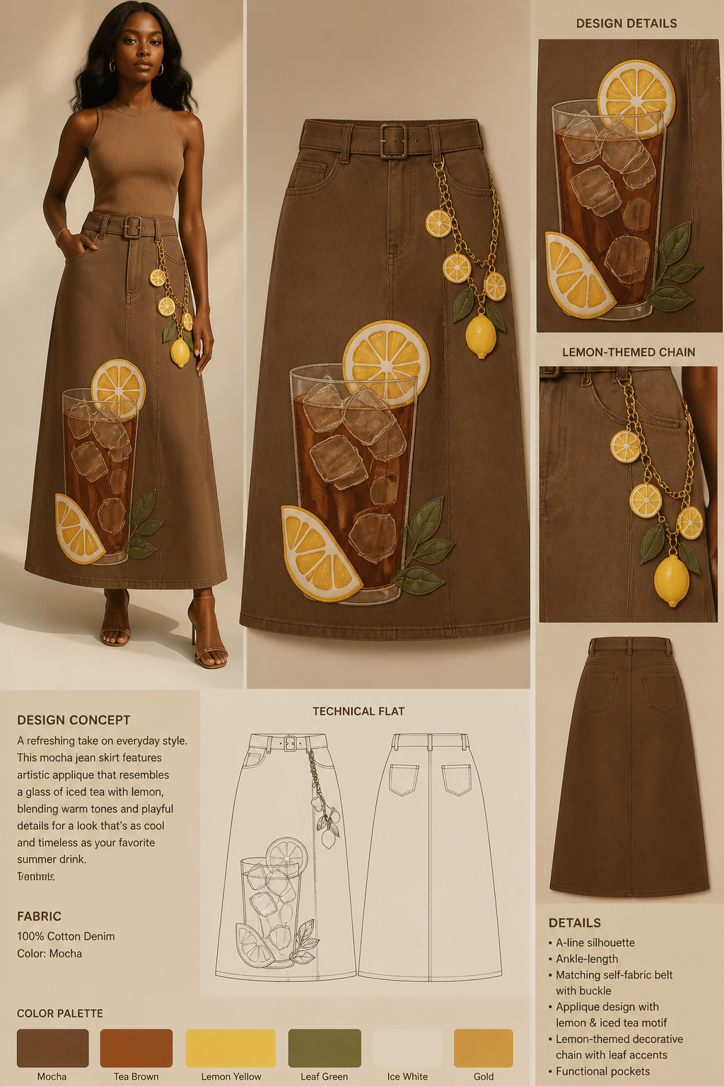 Black Women's A-line, ankle-length belted all mocha jean skirt resembling ice tea by using applique with a lemon-themed chain
Black Women's A-line, ankle-length belted all mocha jean skirt resembling ice tea by using applique with a lemon-themed chain