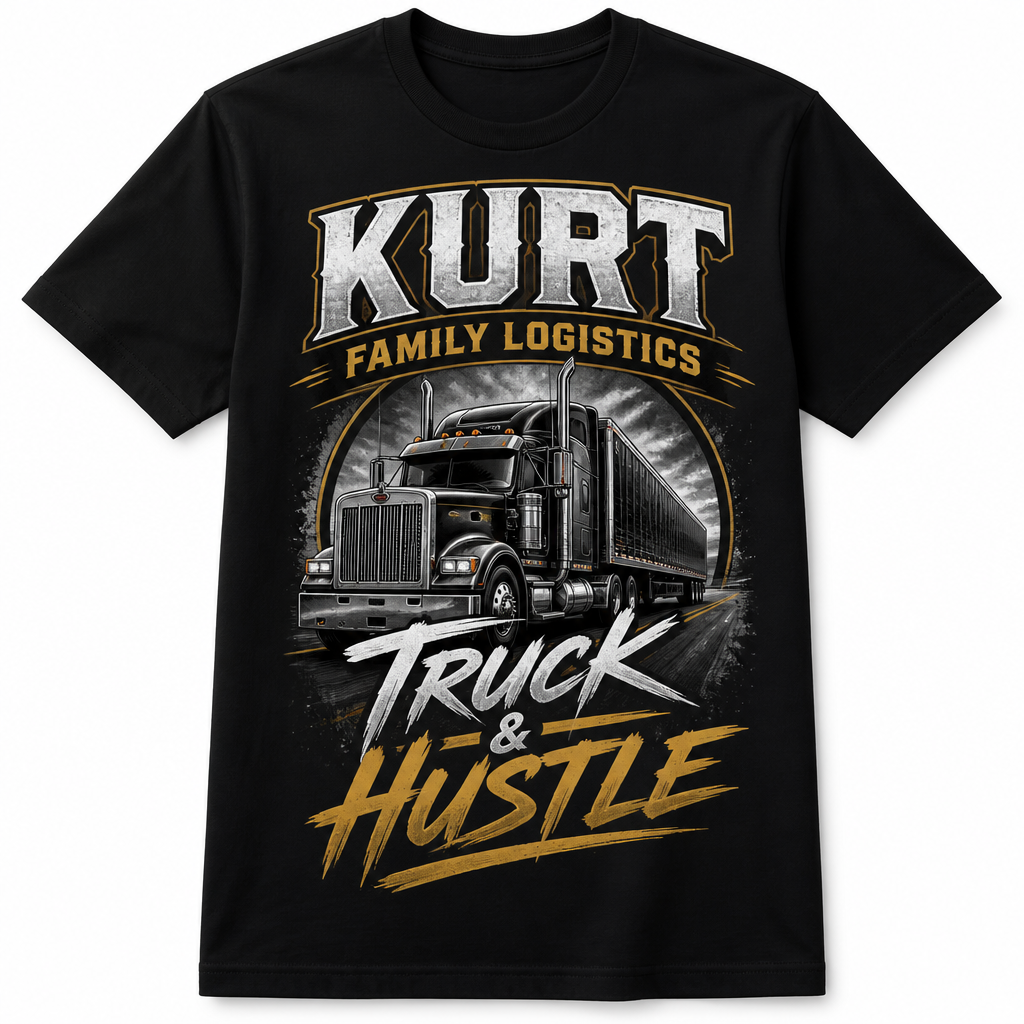 make kurt family logistis truck& hustle on front shirt
Create a men's cotton t-shirt with a regular fit and crew neck. Feature a large graphic print of the "Kurt Family Logistics Truck & Hustle" design on the front.