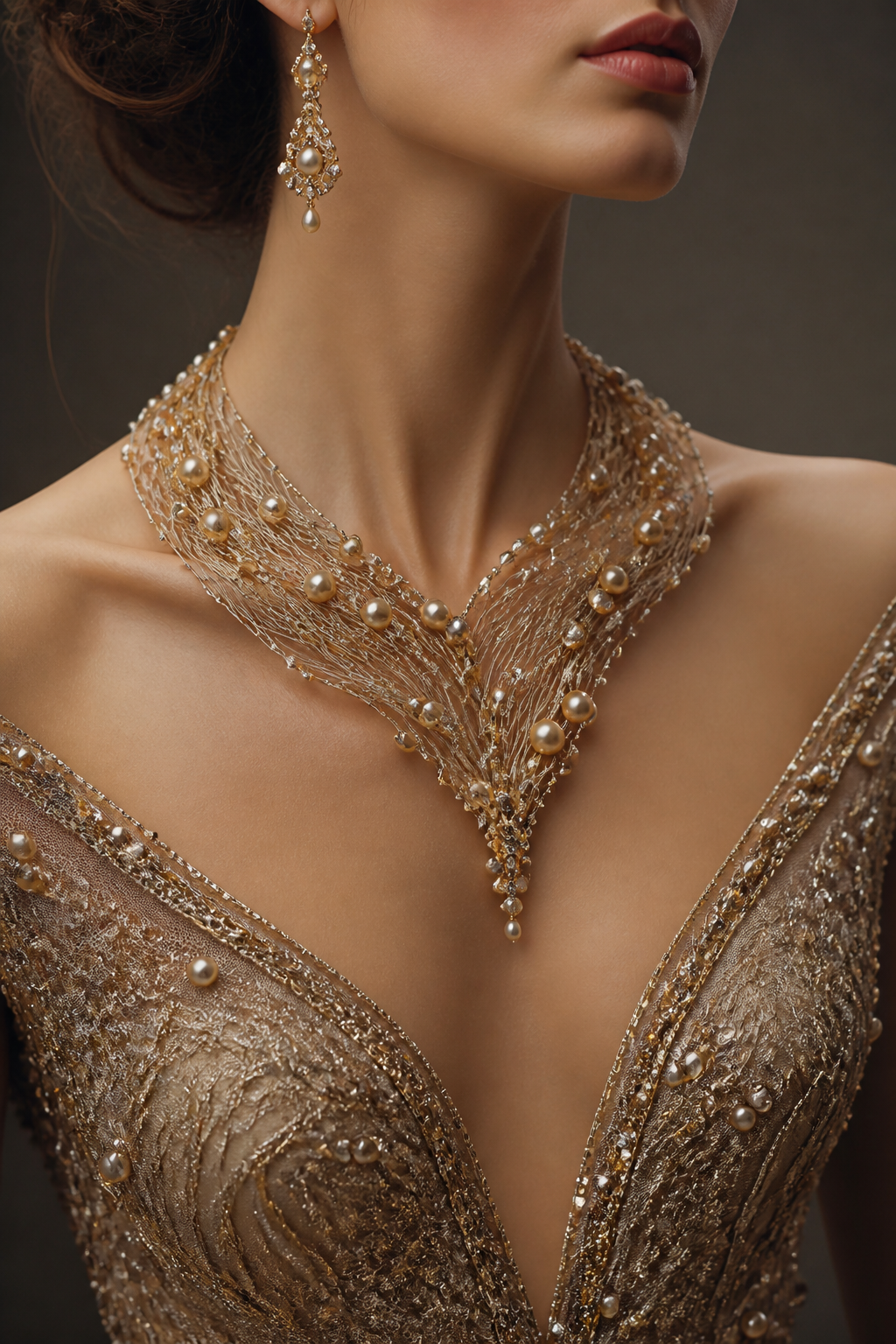 Fish wire necklace with gold pearl and diamond underneath.
Haute Couture fashion design: Fish wire necklace, gold pearls, small diamonds. Intricate hand-beaded details. Fitted, elegant.