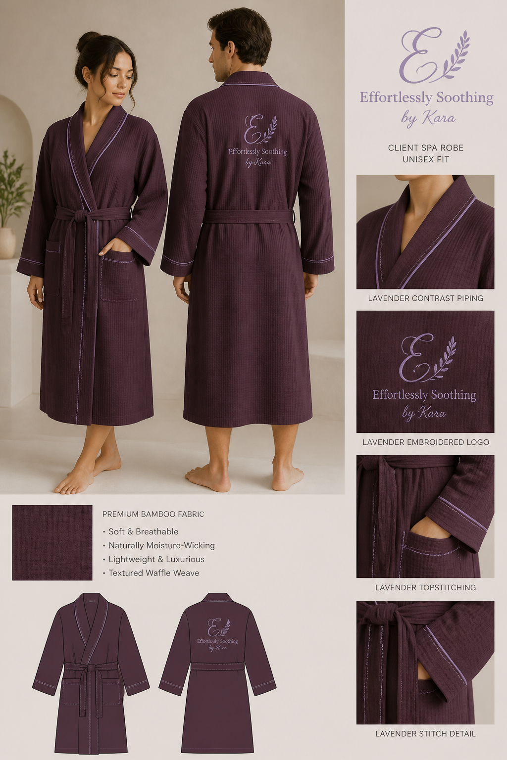 Unisex plum colored client spa roles with lavender logo: Effortlessly Soothing by Kara and extra lavender stitching and lavender contrast
Made of bamboo, high-quality textured fabric
Unisex plum colored client spa roles with lavender logo: Effortlessly Soothing by Kara and extra lavender stitching and lavender contrast
Made of bamboo, high-quality textured fabric