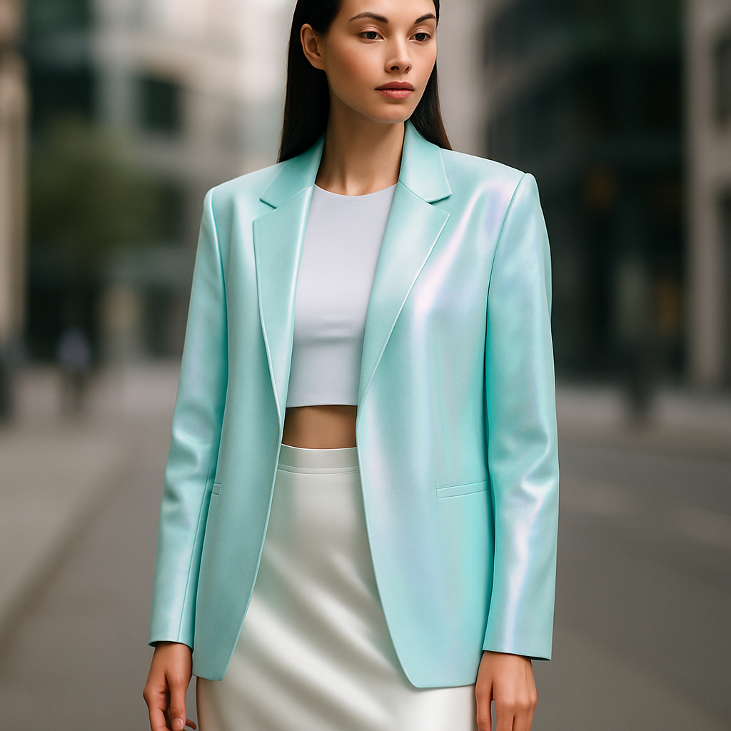 Dreamy full-body lifestyle fashion photo of a female model standing in soft daylight outdoors. She wears a silky ecru satin midi skirt, a white crop top, and a pastel mint oversized blazer. The styling is elegant yet casual, designed as a total look outfit, perfect for Instagram aesthetics. Show the model head to toe, do not crop. Emphasize the harmony between ecru satin and pastel mint, soft dreamy tones, blurred urban background, high-quality photography.
Futuristic fashion design: Dreamy full-body lifestyle photo of a female model outdoors. She wears a silky ecru satin midi skirt, white crop top, and pastel mint oversized blazer.  Sleek, structured silhouette with clean lines.  Subtle iridescent sheen on the blazer. Elegant, casual, harmonious. Blurred urban background. High-quality photography.
