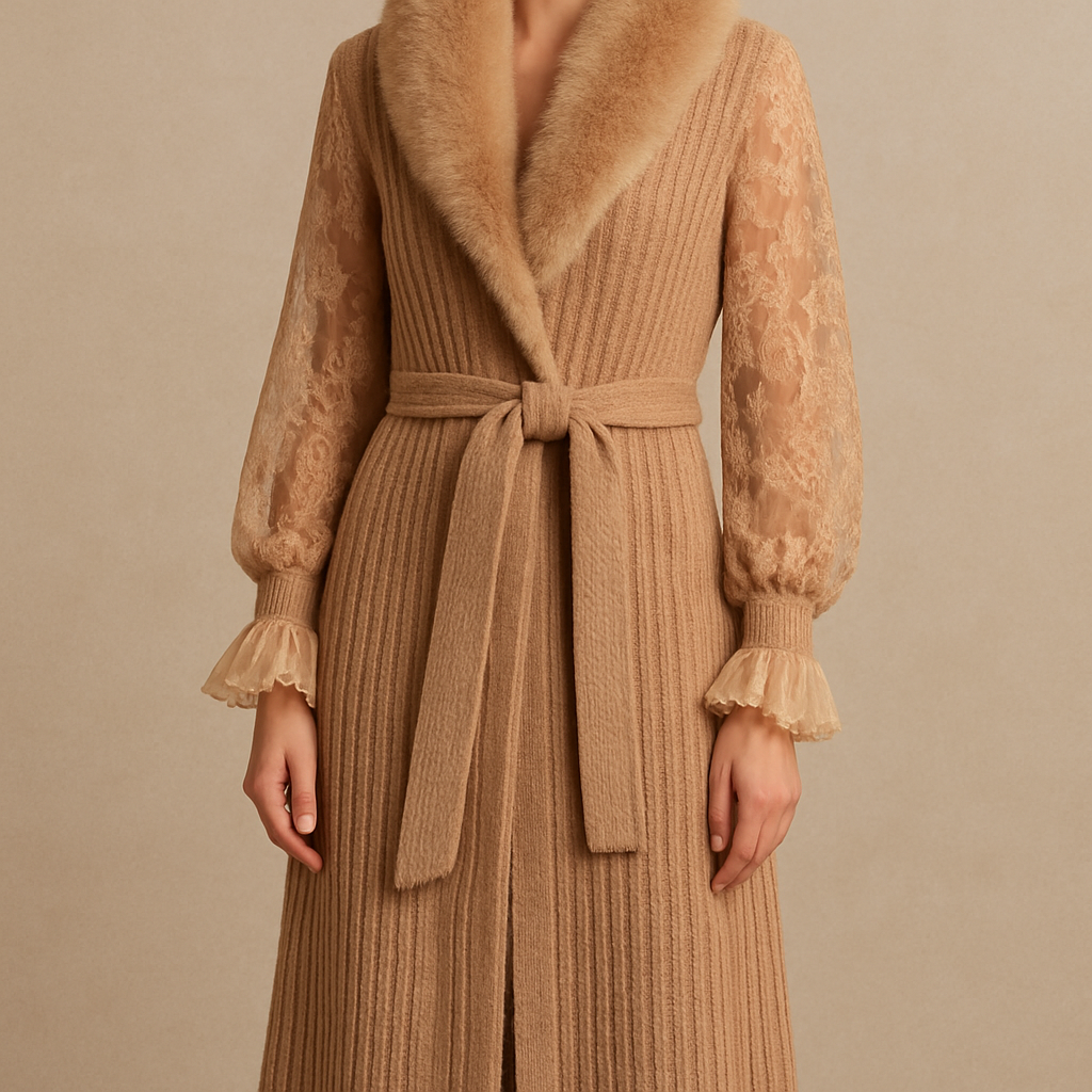 create shrug/ cardigan that is not cropped  that that has see through arms (maybe a lace like material )
and slight ruffles for sleeves just at the end and has fur around collars and lining

midi-length cardigan, sheer lace sleeves with ruffled cuffs, fur collar and lining. Knit fabric.