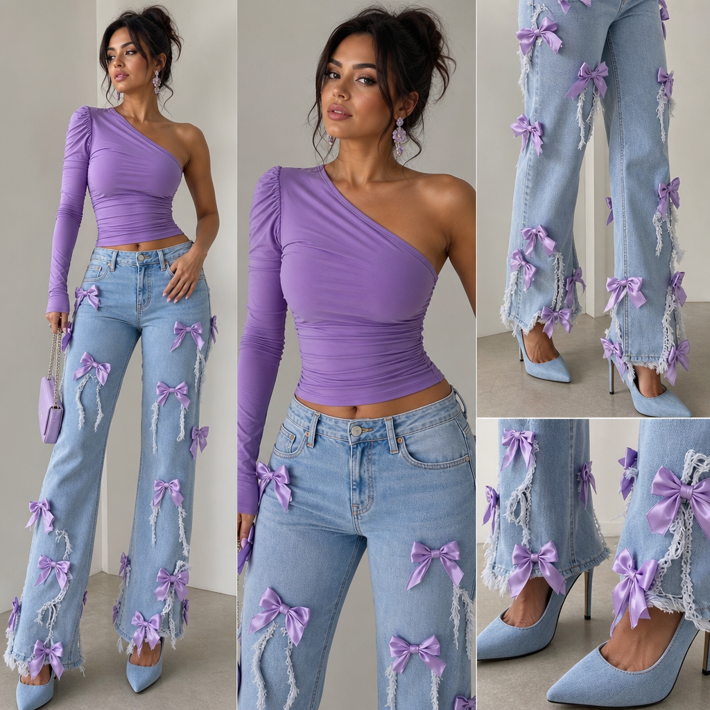 Orchid color one shoulder top tight. With sky blue jeans and orchid bow ties all over jeans with several bow ties on frayed jeans. Sky blue Jean heel closed toe.
Orchid color one shoulder top tight. With sky blue jeans and orchid bow ties all over jeans with several bow ties on frayed jeans. Sky blue Jean heel closed toe. , contemporary style