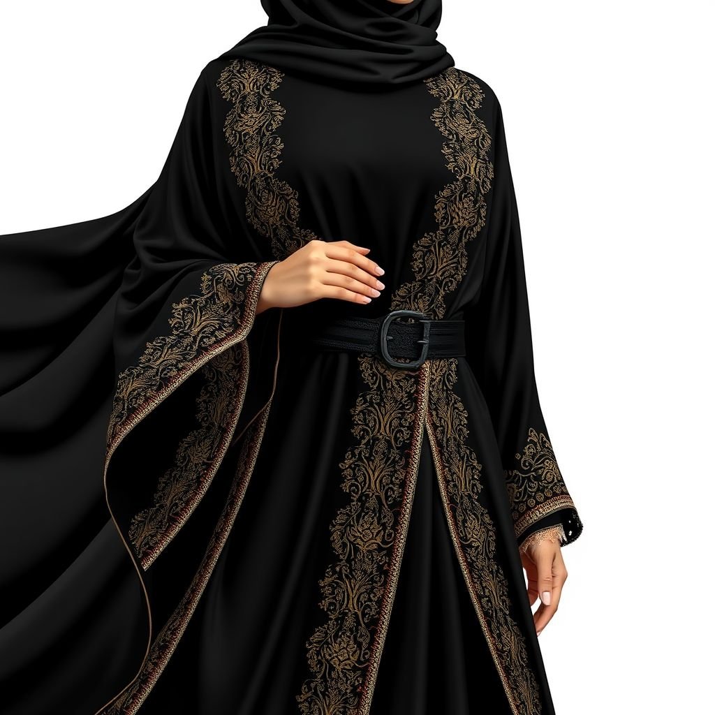 Black saudi Women's Abaya Design
Elegant black abaya, flowing fabric draping gracefully, intricate gold embroidery tracing the edges, long billowy sleeves adorned with delicate lace cuffs, high collar framing the face, subtle sparkle woven into the fabric, a timeless silhouette blending tradition and modernity, complemented by a statement belt accentuating the waist, exuding sophistication and poise.