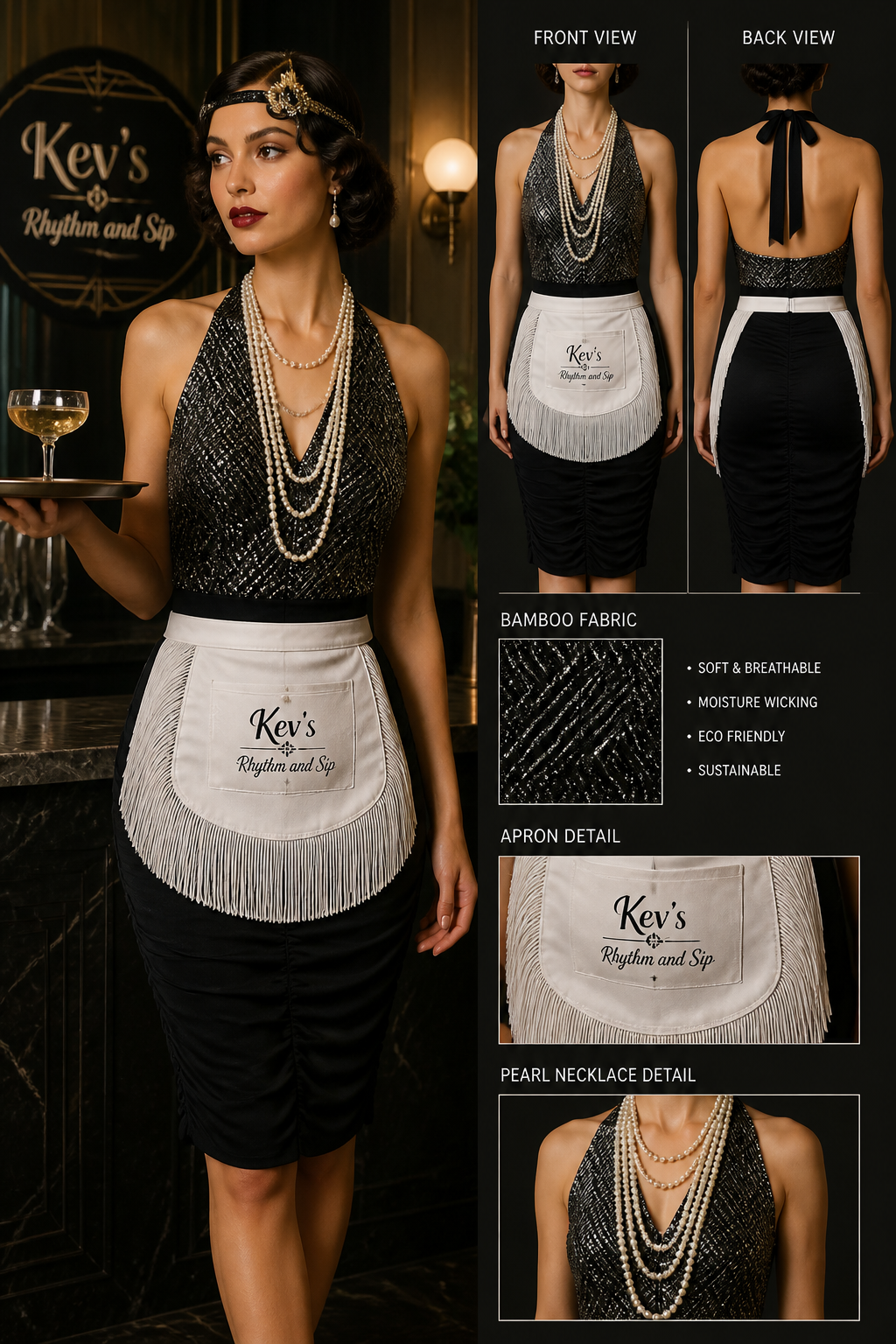 black and silver 1920 halter evening waitress scrunch knee-length uniform dress with textured top only and no fringe that is made of bamboo fabric and a fringe white apron with logo that says = Kev's Rhythm and Sip with a pocket and is made of fringe and then add layers of pearl necklaces
black and silver 1920 halter evening waitress scrunch knee-length uniform dress with textured top only and no fringe that is made of bamboo fabric and a fringe white apron with logo that says = Kev's Rhythm and Sip with a pocket and is made of fringe and then add layers of pearl necklaces