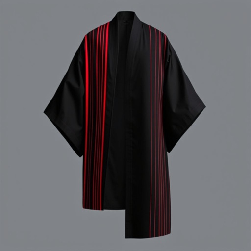 Design a men's kimono with a futuristic, minimalist aesthetic. On one side of the kimono, feature vertical lines in varying widths and lengths, randomly placed in red, creating a dynamic and fluid pattern. The other side should remain clean and simple, maintaining a sleek, modern silhouette. The base color should be black, with the red lines adding contrast and energy to one side. The overall design should combine a modern, shamanic feel, blending tradition with innovation, and evoke both spiritual and futuristic elements."
