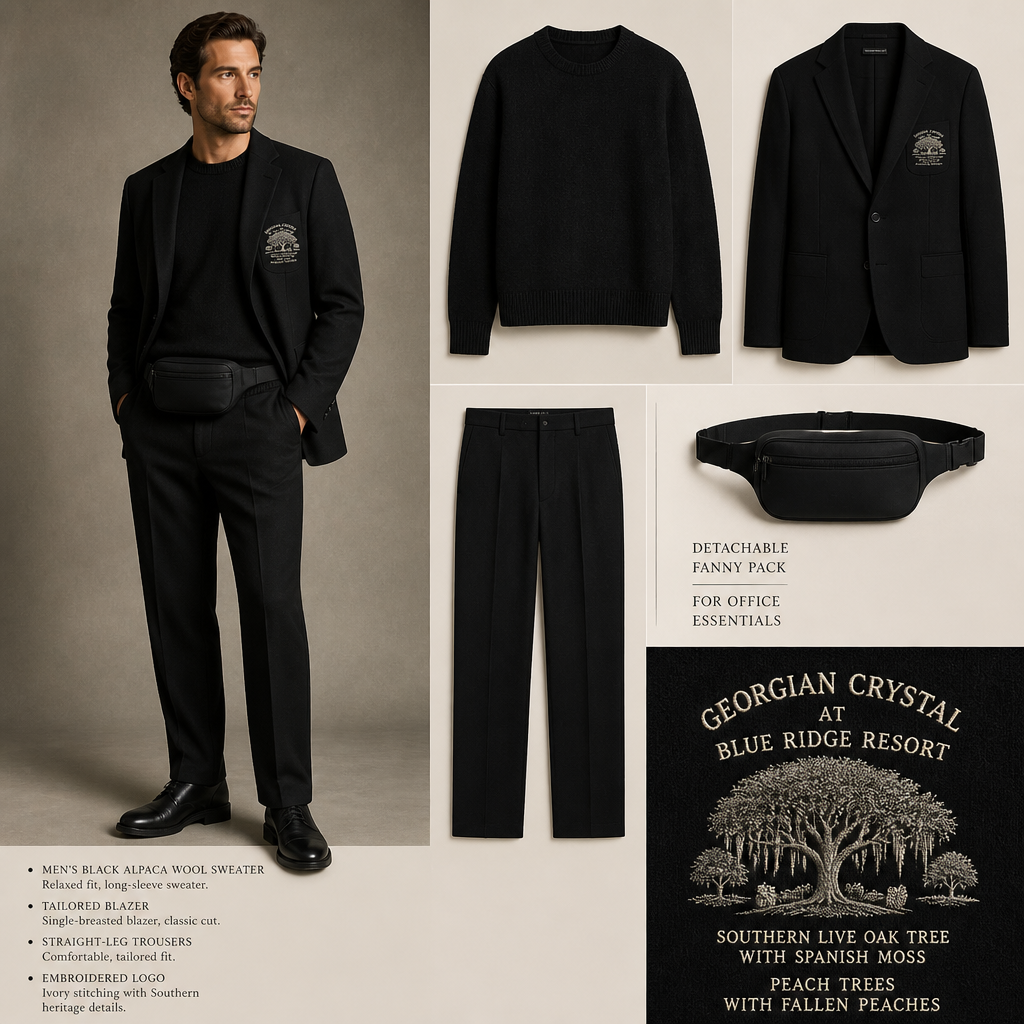 All Black warm long-sleeve alpaca wool full sweater tailored blazer suit with black pockets. Make sure pockets have black stitching. Include an attachable black sleek fanny pack to hold pens, a small pen pad, front office cordless phone, and front office keys. The logo should business name "Georgian Crystal at Blue Ridge Resort" embroidered with Ivory stitching, then include an embroidered Southern Live Oak Tree with Spanish Moss and Peach Trees with fallen peaches gracing it like the Atlanta skyline. Please create a design for men only. Remove logo from back of tailored sweater blazer
Men's black alpaca wool sweater, tailored blazer, and straight-leg trousers. Relaxed fit, long-sleeve sweater. Single-breasted blazer, classic cut. Solid black with black pockets and stitching. Detachable black fanny pack for office essentials. Embroidered logo with Ivory stitching: "Georgian Crystal at Blue Ridge Resort," Southern Live Oak Tree with Spanish Moss, and Peach Trees with fallen peaches.
