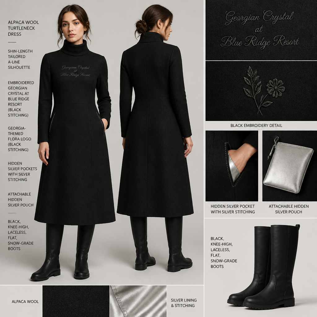 Moonlight silver warm turtleneck long-sleeve timeless elegance flowy tailored shin-length dress made of alpaca wool with cursive font embroidered "Georgian Crystal at Blue Ridge Resort" on front logo with black stitching, then add hidden silver pockets. Make sure non-sheen pockets have silver stitching. Include an attachable hidden silver pouch to hold pens, a small pen pad, front office cordless phone, and front office keys. Large logo should include a black-stitched only Southern Live Oak Tree with Spanish Moss and Peach Trees with fallen peaches, influenced by the Atlanta skyline on the front chest area only, and The entire front chest logo size should be the size of a circular plate, including the resort name. Create a design for women in the front office only. Include black knee-high professional snow-grade flat boots for front office team members who may need to visit the outside grounds of the resort in the snow. No laces on boots.
Women's alpaca wool turtleneck dress, shin-length, tailored A-line silhouette. Embroidered "Georgian Crystal at Blue Ridge Resort" (cursive, black stitching) and Georgia-themed flora logo (black stitching) on chest. Hidden silver pockets with silver stitching. Attachable hidden silver pouch. Black, knee-high, laceless, flat, snow-grade boots.