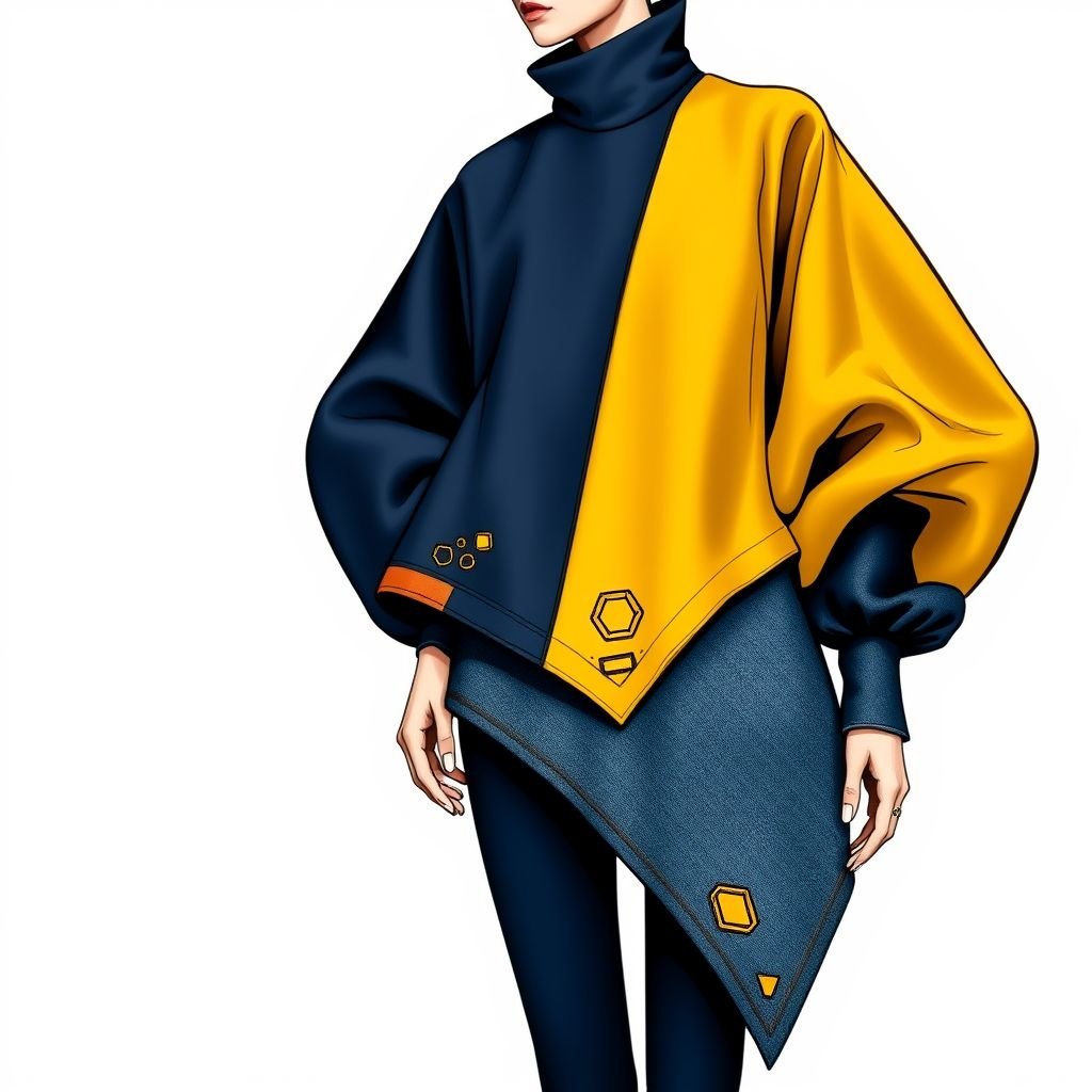 выкройку

A structured, avant-garde silhouette with a high neckline, asymmetrical hemline, and oversized sleeves. Fabric blend of luxurious silk and textured denim, featuring a bold color palette of deep navy and vibrant mustard. Intricate embroidery of abstract shapes adorning the edges, complemented by geometric accessories. A striking fusion of artistic flair and contemporary elegance.