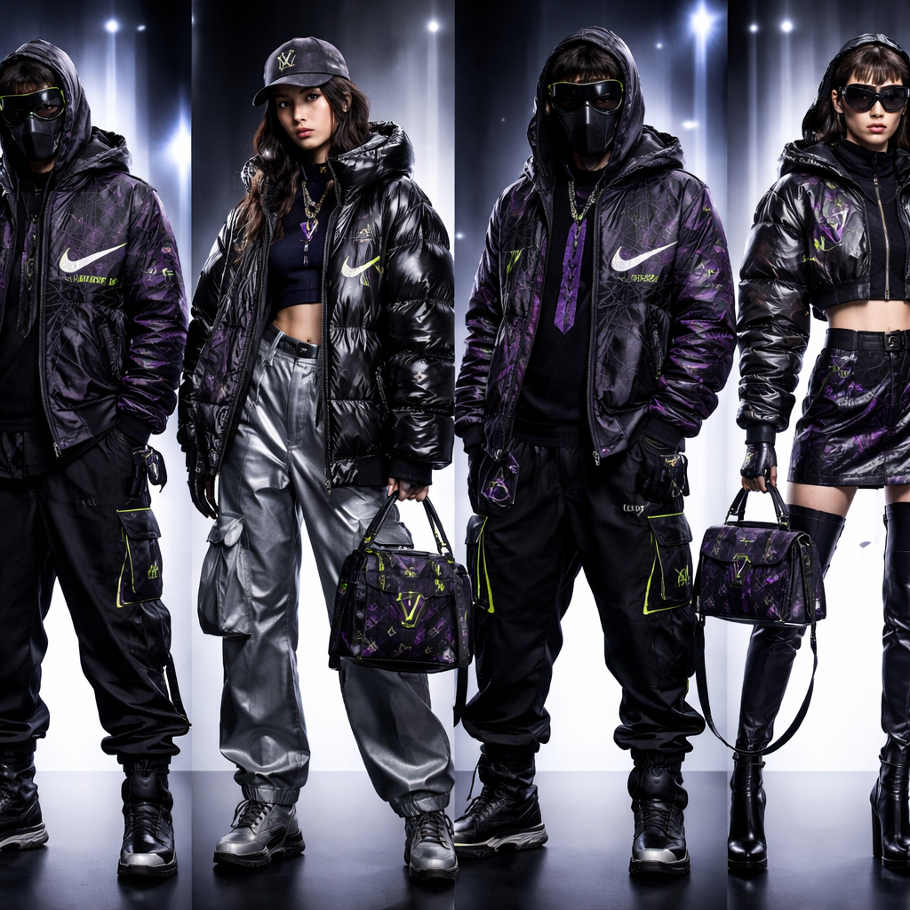 “Design a premium futuristic streetwear fashion line that blends the bold energy of Spider streetwear, the sport aesthetic of Nike, and the luxury elegance of Louis Vuitton. The collection should feel high fashion yet urban and wearable. Use a dark luxury color palette focused on black, deep purple, metallic silver, and neon accents. Include oversized silhouettes, modern techwear influences, premium fabrics, and strong graphic branding. Designs should feel exclusive, futuristic, and aspirational, mixing luxury minimalism with aggressive street culture. The brand identity is named AURORA and should have a powerful, mysterious, high-end visual language.”
Design a premium streetwear line inspired by Spider, Nike, and Louis Vuitton. Focus on oversized silhouettes, modern techwear details, and a dark luxury color palette (black, deep purple, metallic silver, neon). Use premium fabrics like performance synthetics, crisp cottons, and structured leather. Graphic patterns and strong branding. AURORA offers exclusive, futuristic, and wearable designs, blending luxury minimalism with aggressive street style.