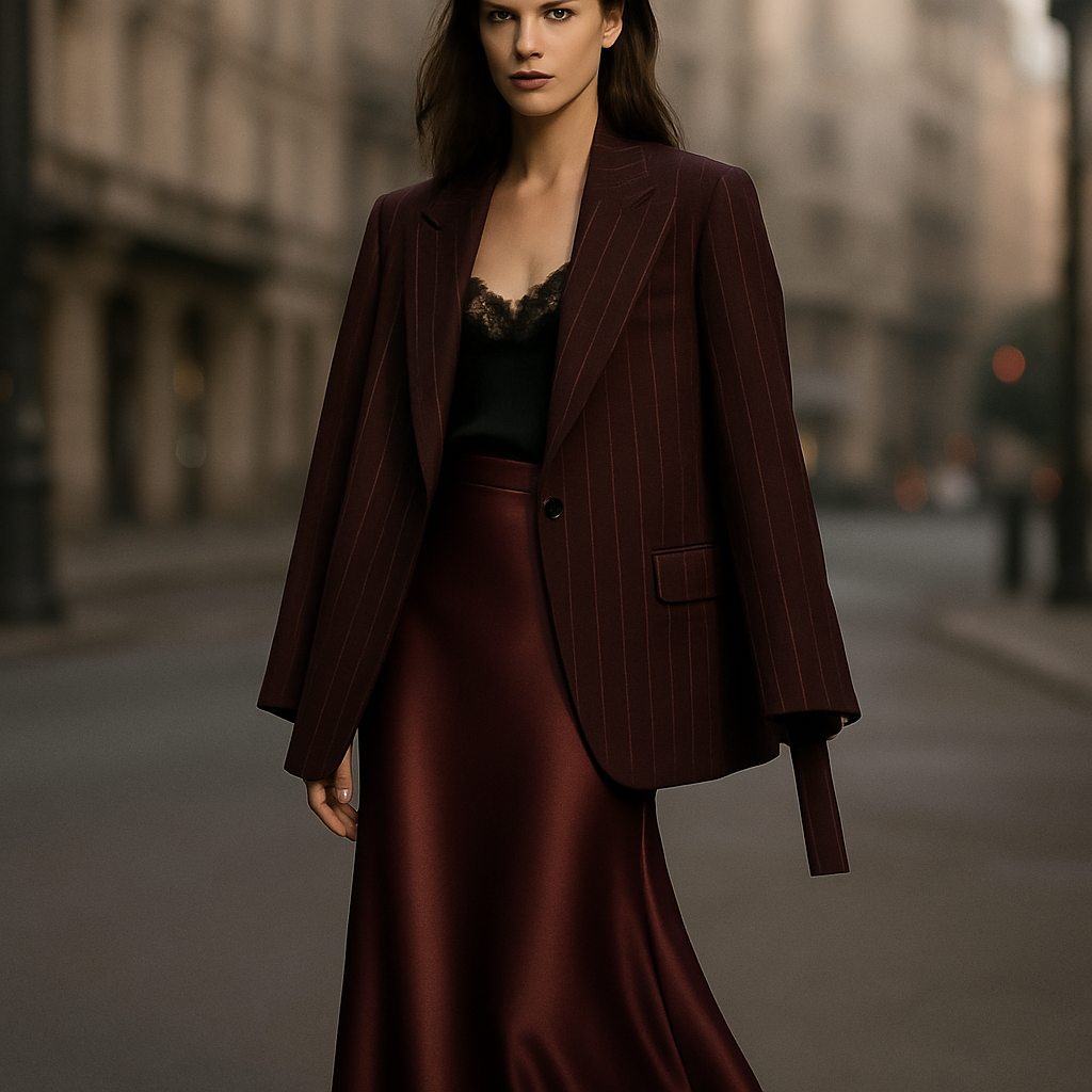 High fashion editorial full body street shot of an elegant woman. She drapes a dark bordeaux wool oversized blazer over her shoulders, not worn, arms not inside sleeves, sleeves hanging naturally down, casually elegant. The fabric is dark bordeaux with single thin white vertical pinstripes, evenly spaced exactly like the reference texture, straight and orderly, no double stripes, soft luxurious wool texture. The blazer has a single button design, no chest pocket, only two flap pockets at the bottom. Underneath she wears a black lace camisole top, V-neck, delicate straps. She pairs it with a long dark bordeaux satin skirt with a soft sheen and fluid drape, and pointed-toe high heels. Confident elegant posture, cinematic soft lighting, modern city street background slightly out of focus, luxury fashion editorial, Vogue magazine aesthetic, full body visible, sharp focus.” The model should carry the jacket on her shoulders, not wearing her sleeves. The stylish woman walking down the street should look like she's a little cold and has her jacket on her shoulders.

Luxury fashion design: Luxury street editorial: Elegant woman draped in a dark bordeaux wool oversized blazer with thin white pinstripes. Single button, no chest pocket. Black lace camisole, long dark bordeaux satin skirt, pointed heels. Confident, cinematic lighting, soft focus city background. Blazer casually on shoulders, sleeves hanging.