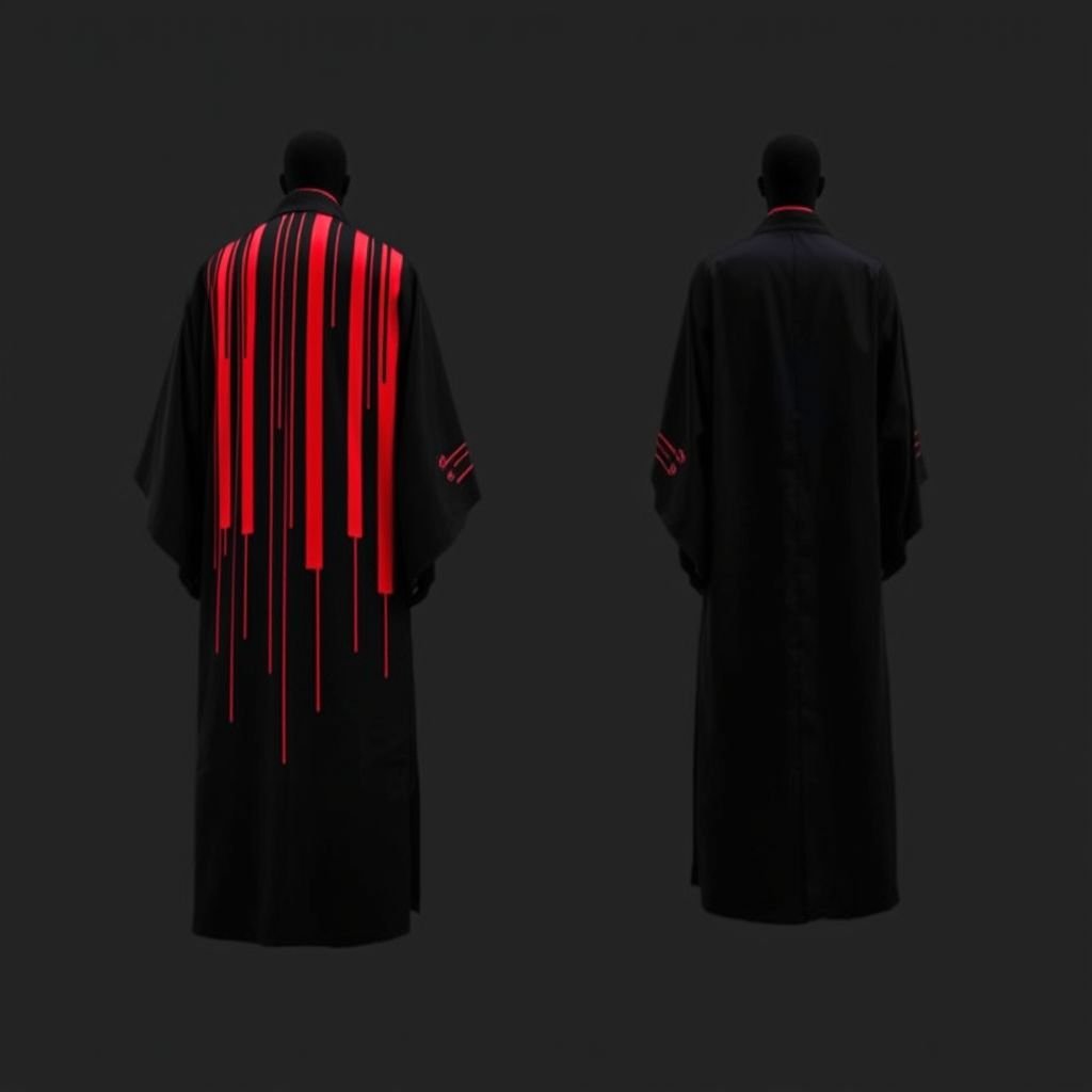 Design a men's kimono with a futuristic, minimalist aesthetic. On one side of the kimono, feature vertical lines in varying widths and lengths, randomly placed in red, creating a dynamic and fluid pattern. The other side should remain clean and simple, maintaining a sleek, modern silhouette. The base color should be black, with the red lines adding contrast and energy to one side. The overall design should combine a modern, shamanic feel, blending tradition with innovation, and evoke both spiritual and futuristic elements."

Men's kimono, black canvas, futuristic minimalism. One side, dynamic red vertical lines, varying widths, lengths, fluid patterns, energizing contrast. Opposite side, sleek simplicity, polished silhouette. Textiles blend traditional craftsmanship with avant-garde innovation. Shamanic undertones, spiritual resonance, elegance intertwined with modernity, a fusion of heritage and forward-thinking aesthetics, captivating and thought-provoking.