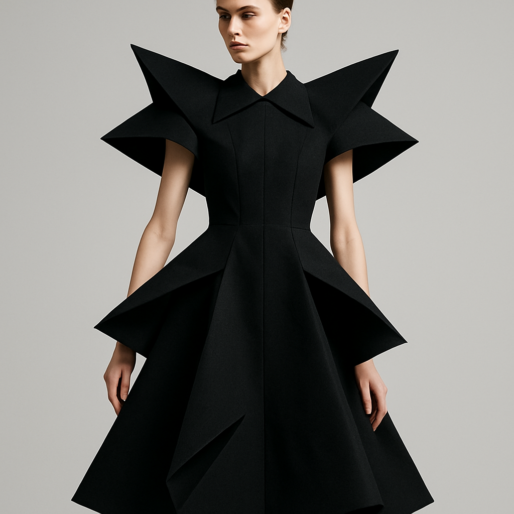 LACHINI is the name of the brand

Avant Garde fashion design: LACHINI: Exaggerated angular silhouette, stiff black cotton, sharp geometric cutouts. A-line fit.