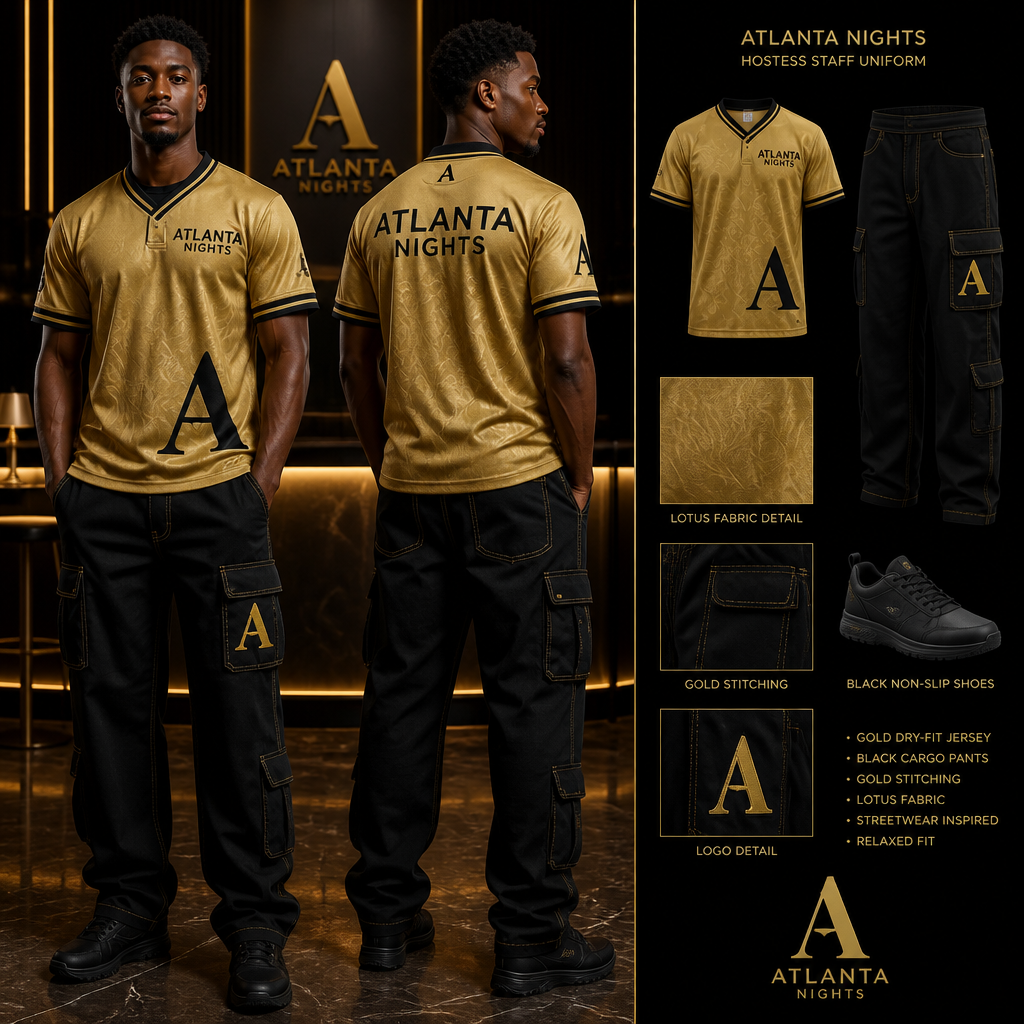 mens hostess staff uniform with gold dry fit jersey with ATLANTA NIGHTS business logo tucked in with black cargo fit pants with multiple pockets and relaxed and gold stitching, streetwear inspired and black non-slip shoes. The uniform is made of lotus fabric. Remove the lotus symbol from the uniform and add large letter A on jersey and pants
Men's hostess staff uniform: gold dry-fit jersey with "ATLANTA NIGHTS" logo, large "A" on jersey and pants. Black cargo pants, relaxed fit, multiple pockets, gold stitching. Streetwear-inspired. Black non-slip shoes. Fabric: lotus, jersey.