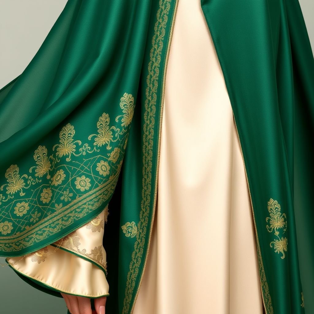 Arab women's abaya design
Flowing silk abaya, rich emerald green, intricate gold embroidery tracing geometric patterns, bell sleeves adorned with delicate lace accents. Elegant high collar, subtle draping that exudes grace. Layered beneath, a shimmering silk blouse in cream. Soft, satin finish, harmonizing modesty and opulence. Perfect for formal gatherings, sophisticated, timeless, and regal.