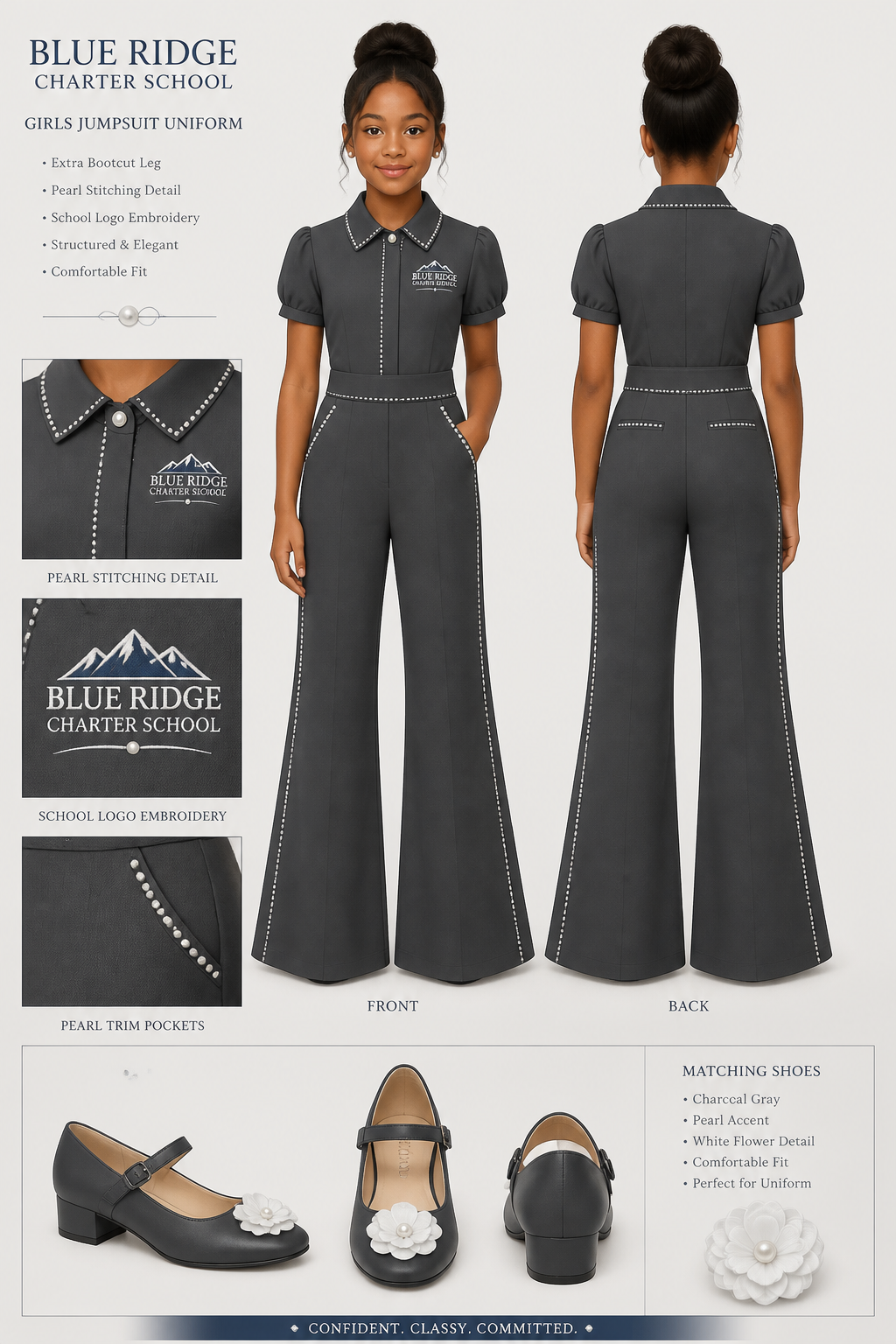 Girls charter school charcoal gray extra bootcut jumpsuit uniform. Include extra pearl stitching. School logo should state: Blue Ridge Charter School. Include matching shoes with a white flower
Girls charter school charcoal gray extra bootcut jumpsuit uniform. Include extra pearl stitching. School logo should state: Blue Ridge Charter School. Include matching shoes with a white flower